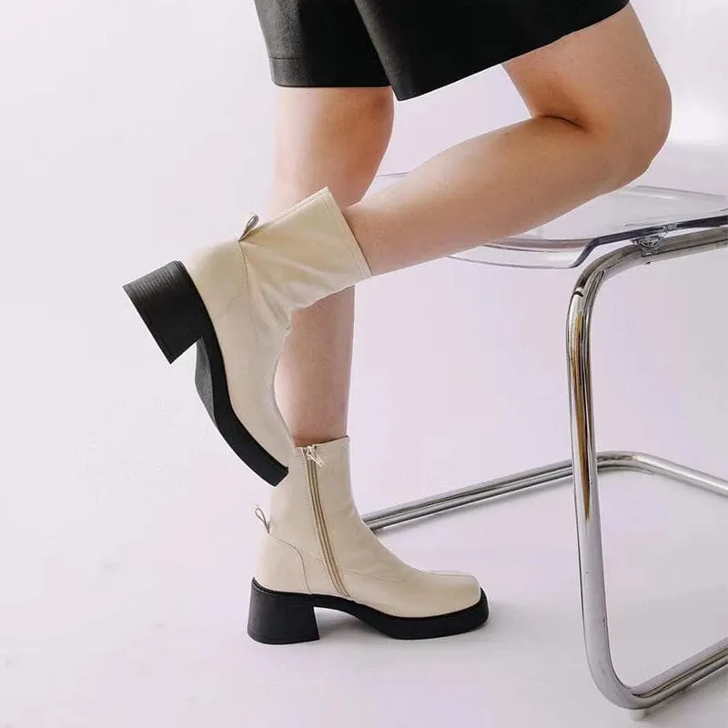 Platform Ankle Boots Leather Chelsea Boots Retro Square Toe Slimming Boots in White/Black