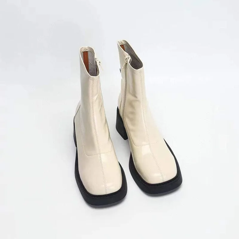 Platform Ankle Boots Leather Chelsea Boots Retro Square Toe Slimming Boots in White/Black