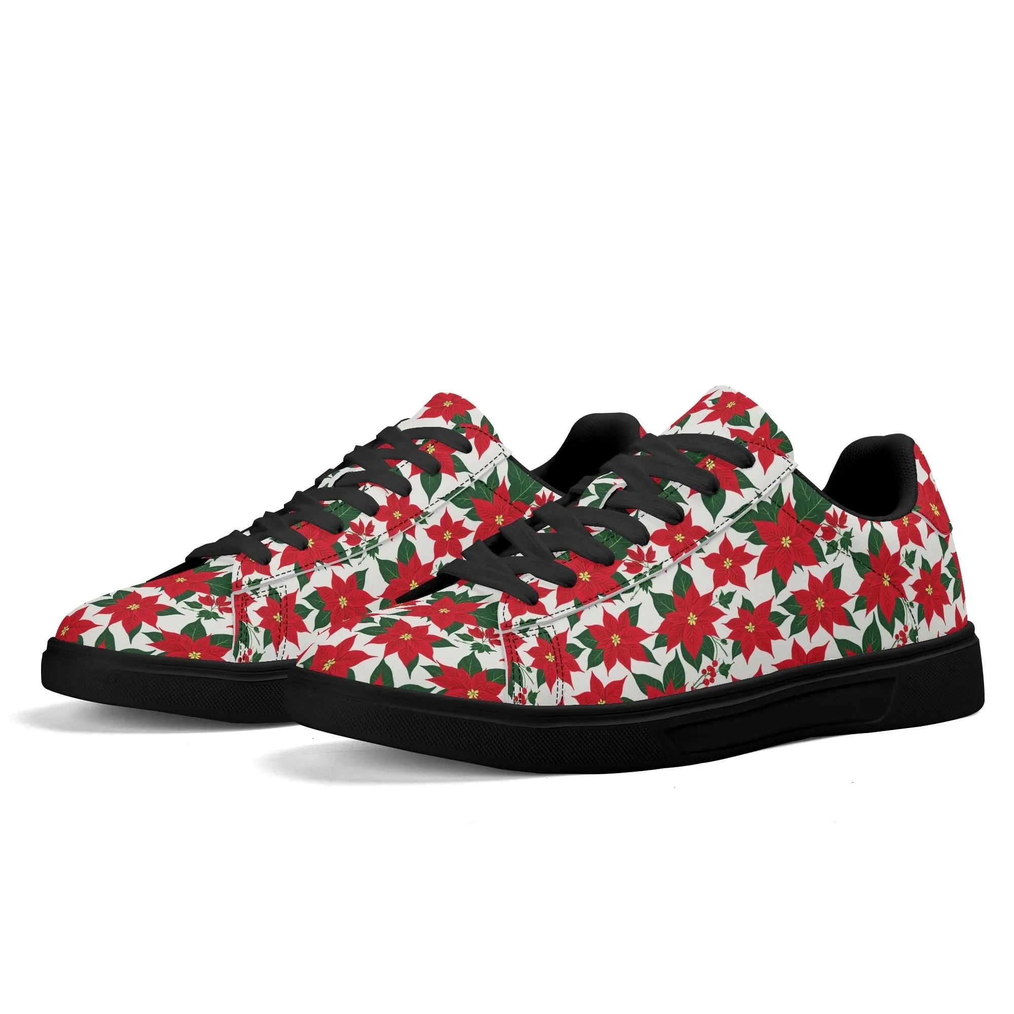 Poinsettia Floral Adult Lightweight Brand Low Top Leather Shoes