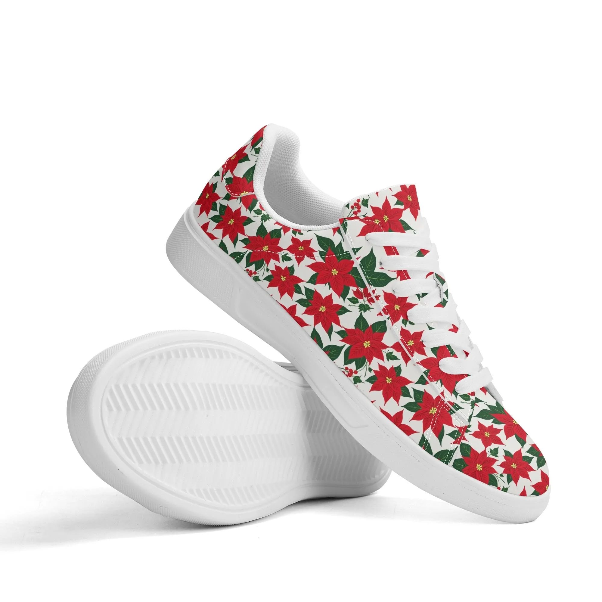 Poinsettia Floral Adult Lightweight Brand Low Top Leather Shoes