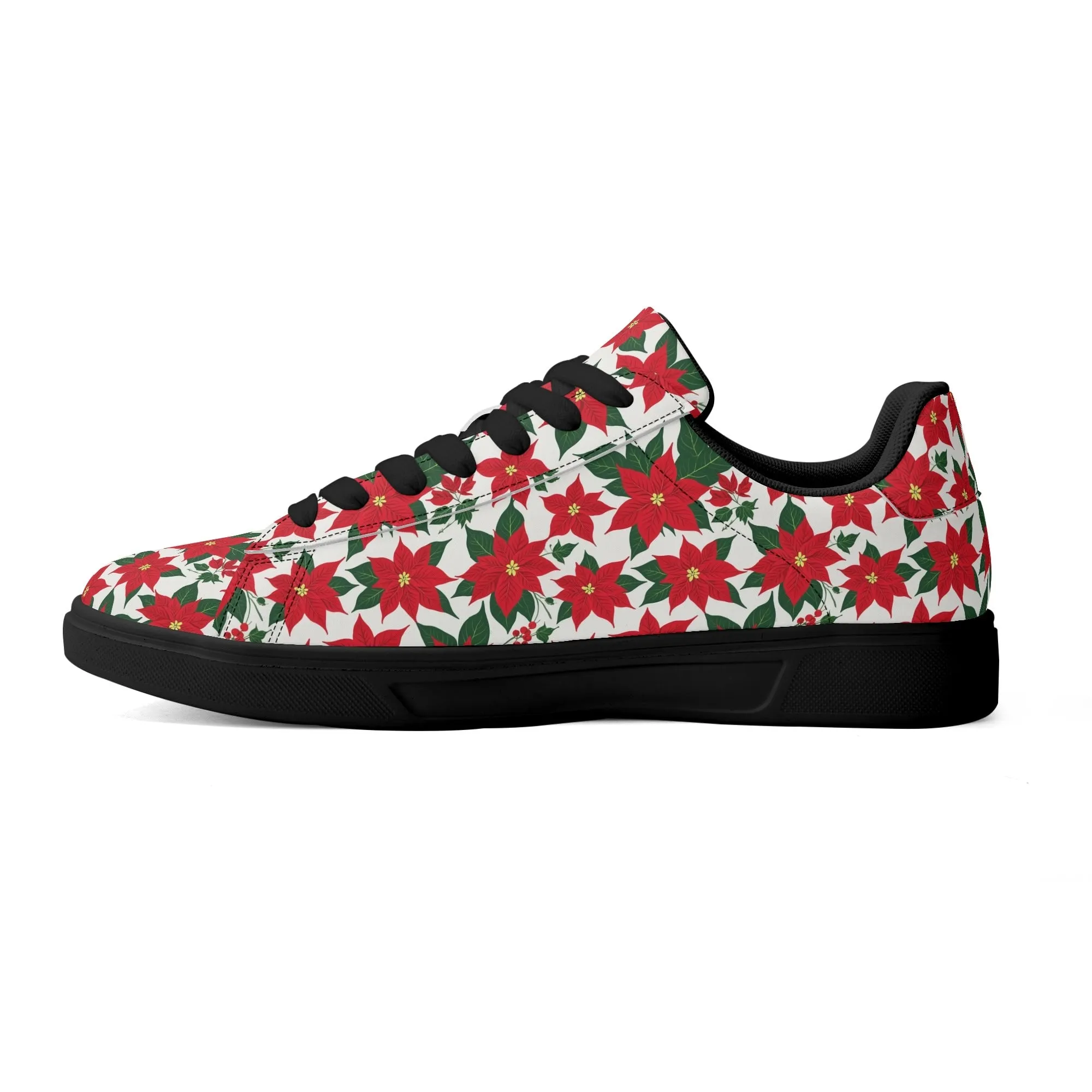 Poinsettia Floral Adult Lightweight Brand Low Top Leather Shoes