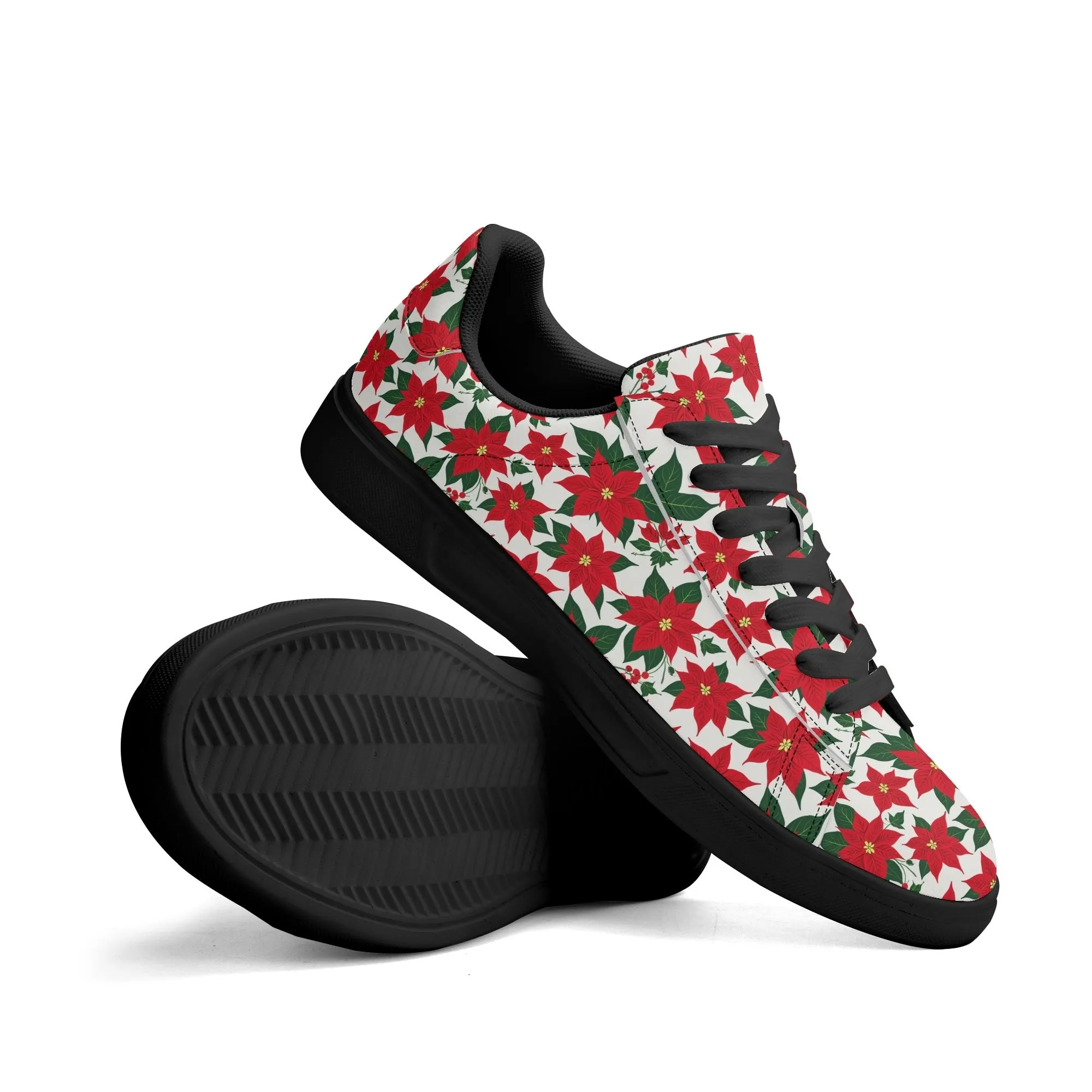 Poinsettia Floral Adult Lightweight Brand Low Top Leather Shoes