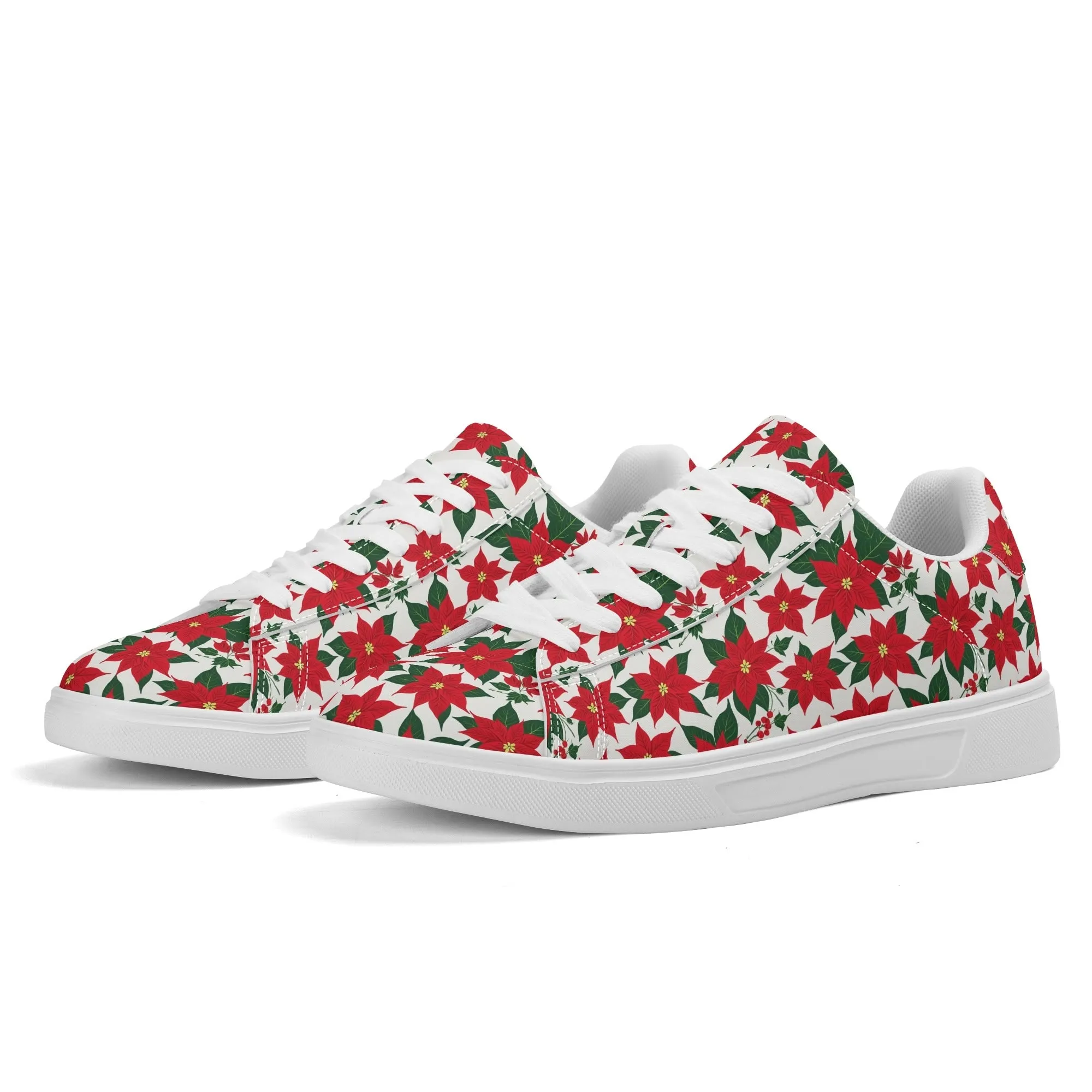 Poinsettia Floral Adult Lightweight Brand Low Top Leather Shoes