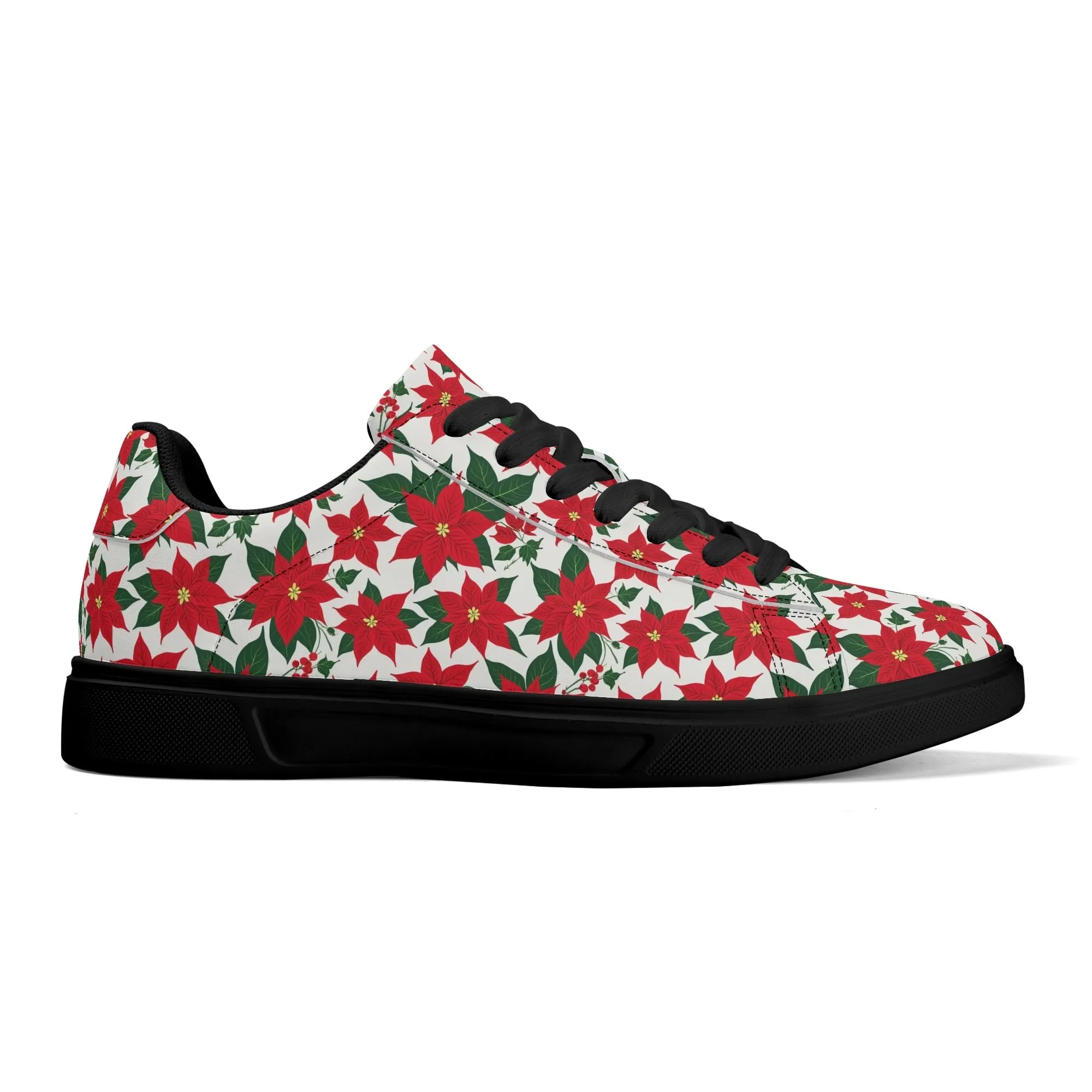 Poinsettia Floral Adult Lightweight Brand Low Top Leather Shoes