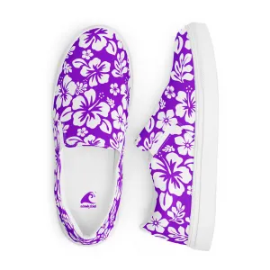 Purple and White Hawaiian Flowers Women's Slip On Canvas Shoes