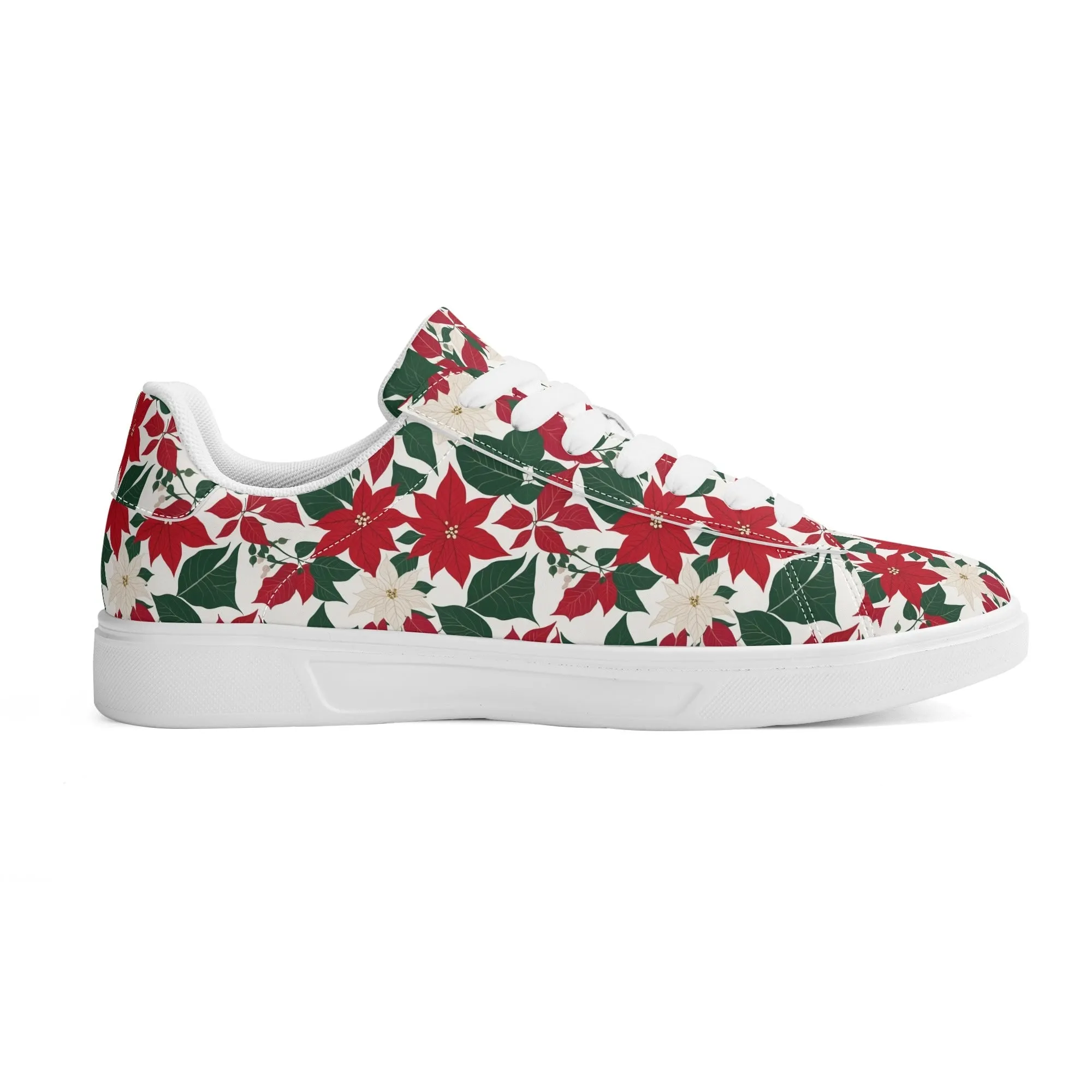 Red and White Poinsettia Flower Adult Lightweight Brand Low Top Leather Shoes