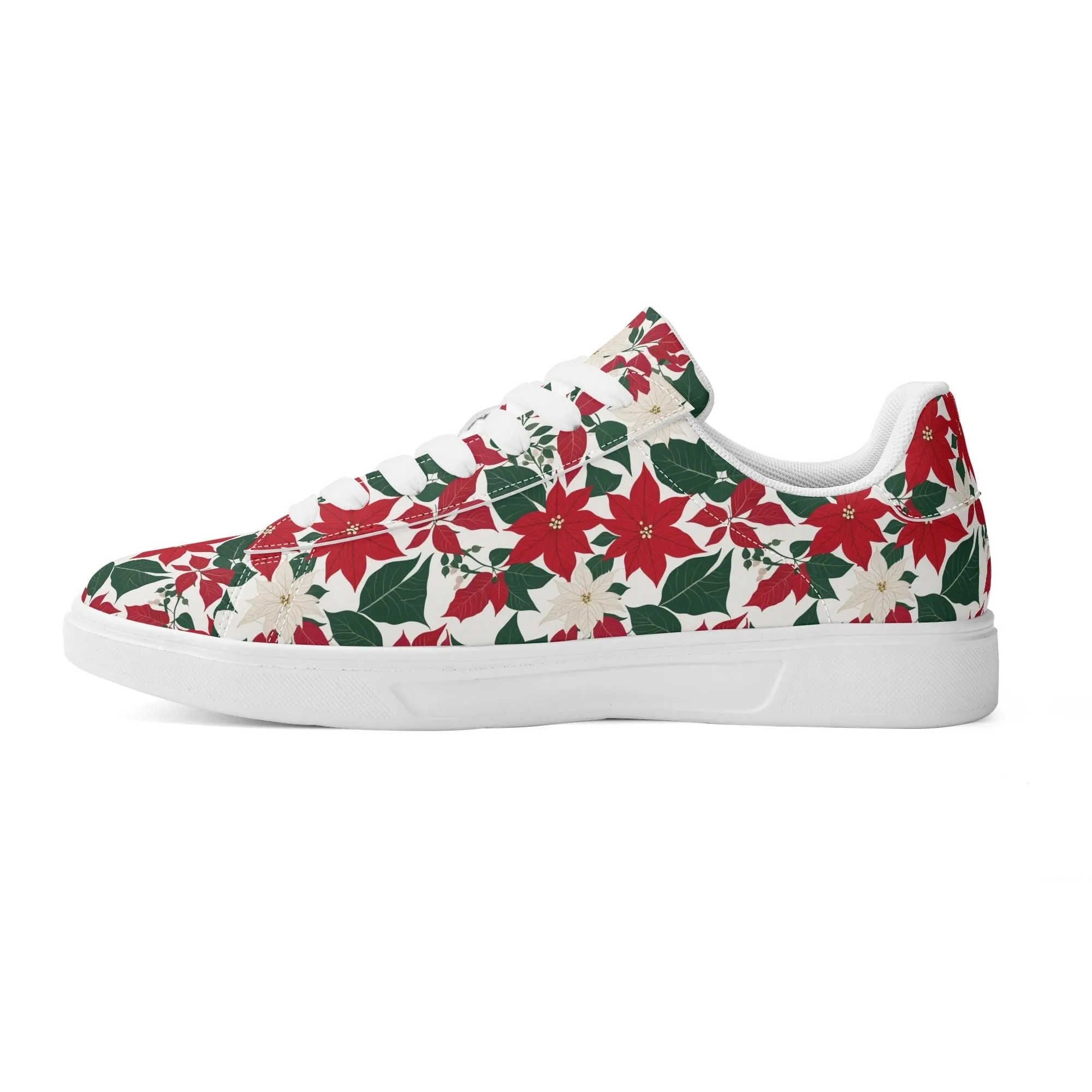 Red and White Poinsettia Flower Adult Lightweight Brand Low Top Leather Shoes