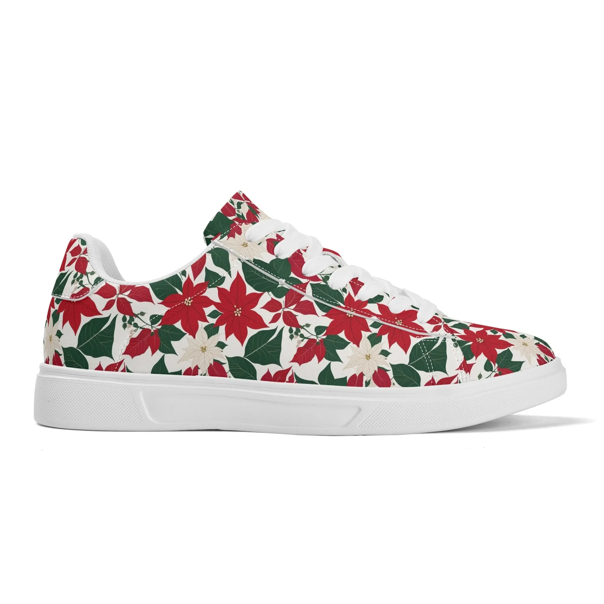 Red and White Poinsettia Flower Adult Lightweight Brand Low Top Leather Shoes