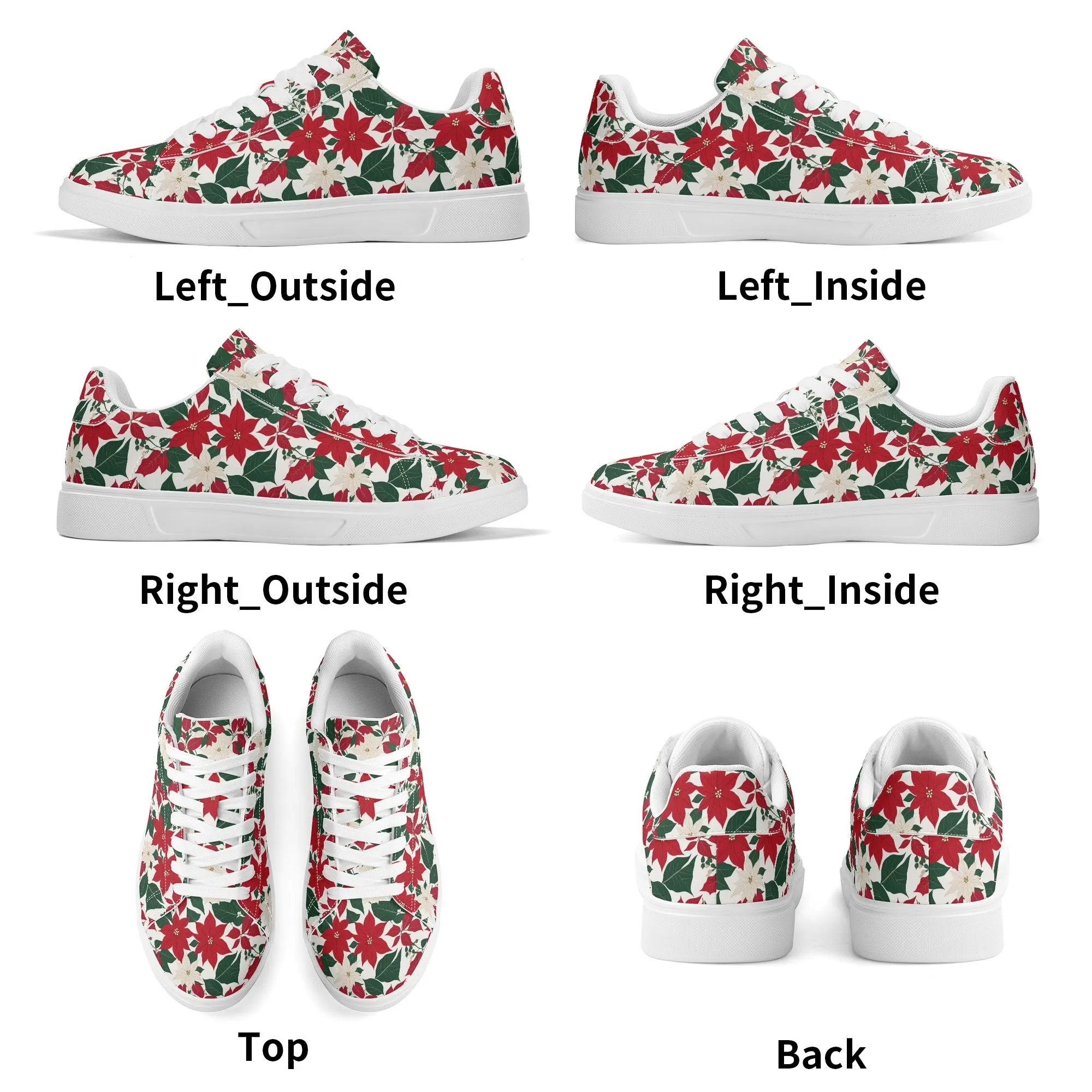 Red and White Poinsettia Flower Adult Lightweight Brand Low Top Leather Shoes