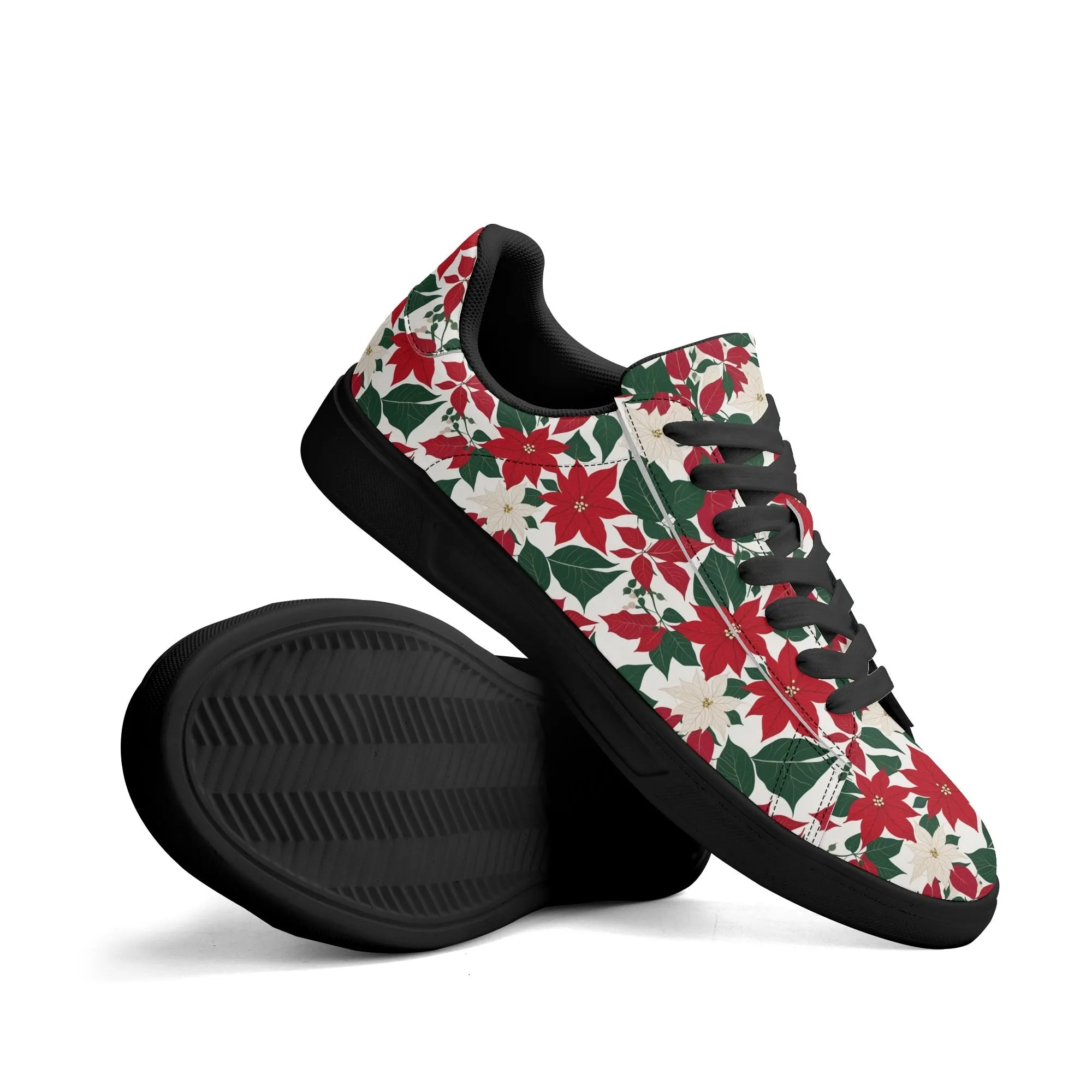 Red and White Poinsettia Flower Adult Lightweight Brand Low Top Leather Shoes