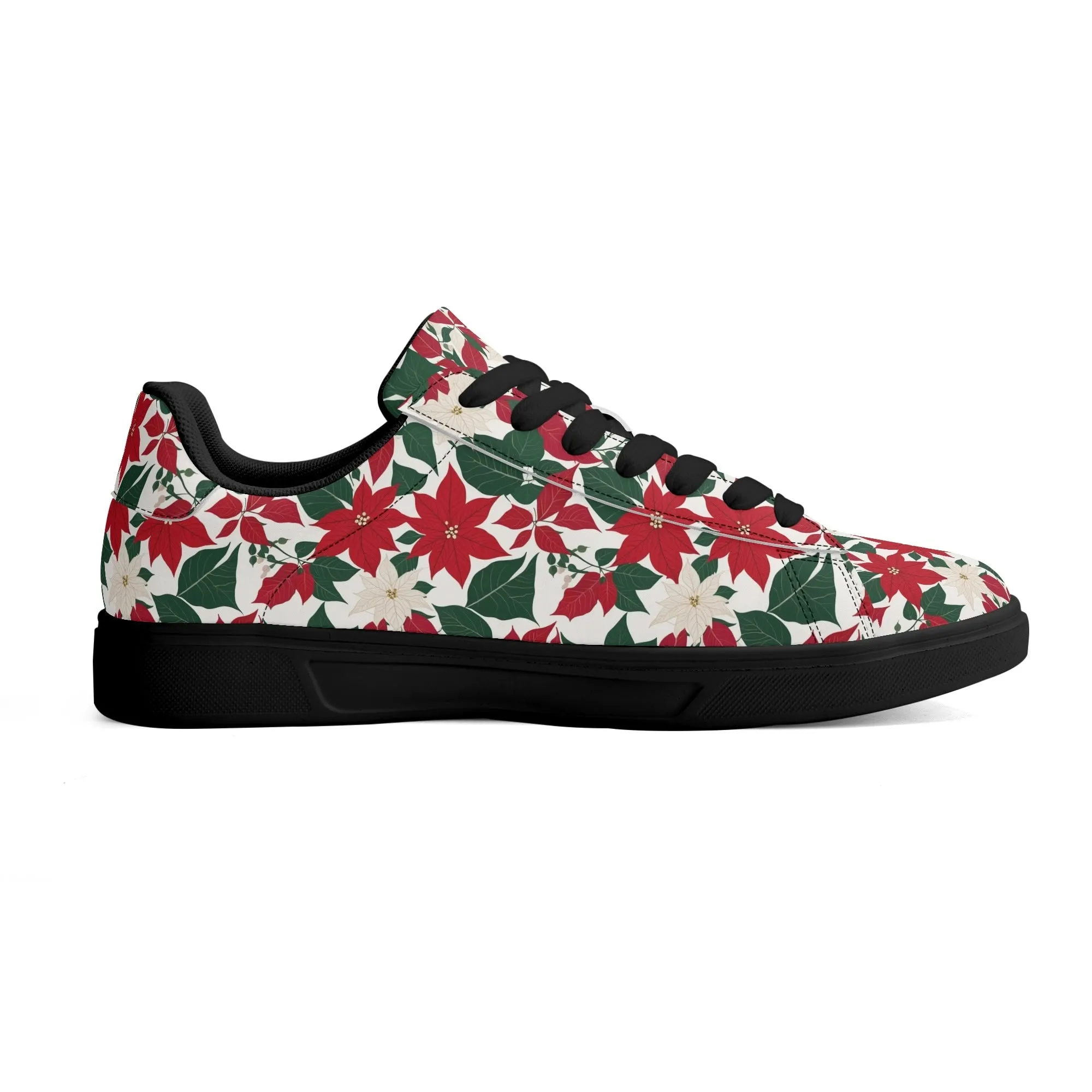 Red and White Poinsettia Flower Adult Lightweight Brand Low Top Leather Shoes