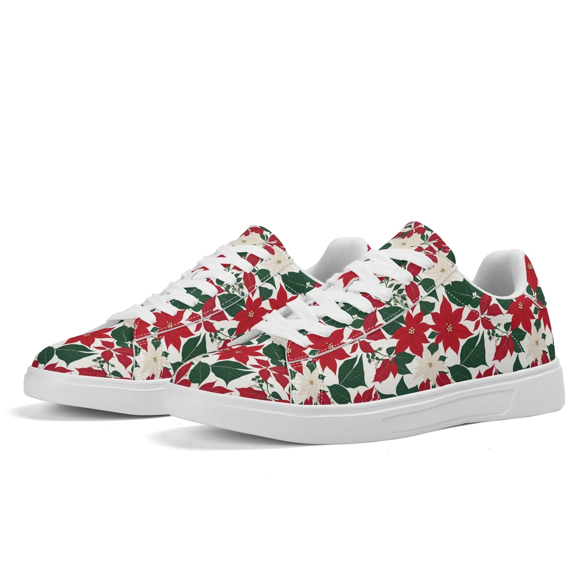 Red and White Poinsettia Flower Adult Lightweight Brand Low Top Leather Shoes