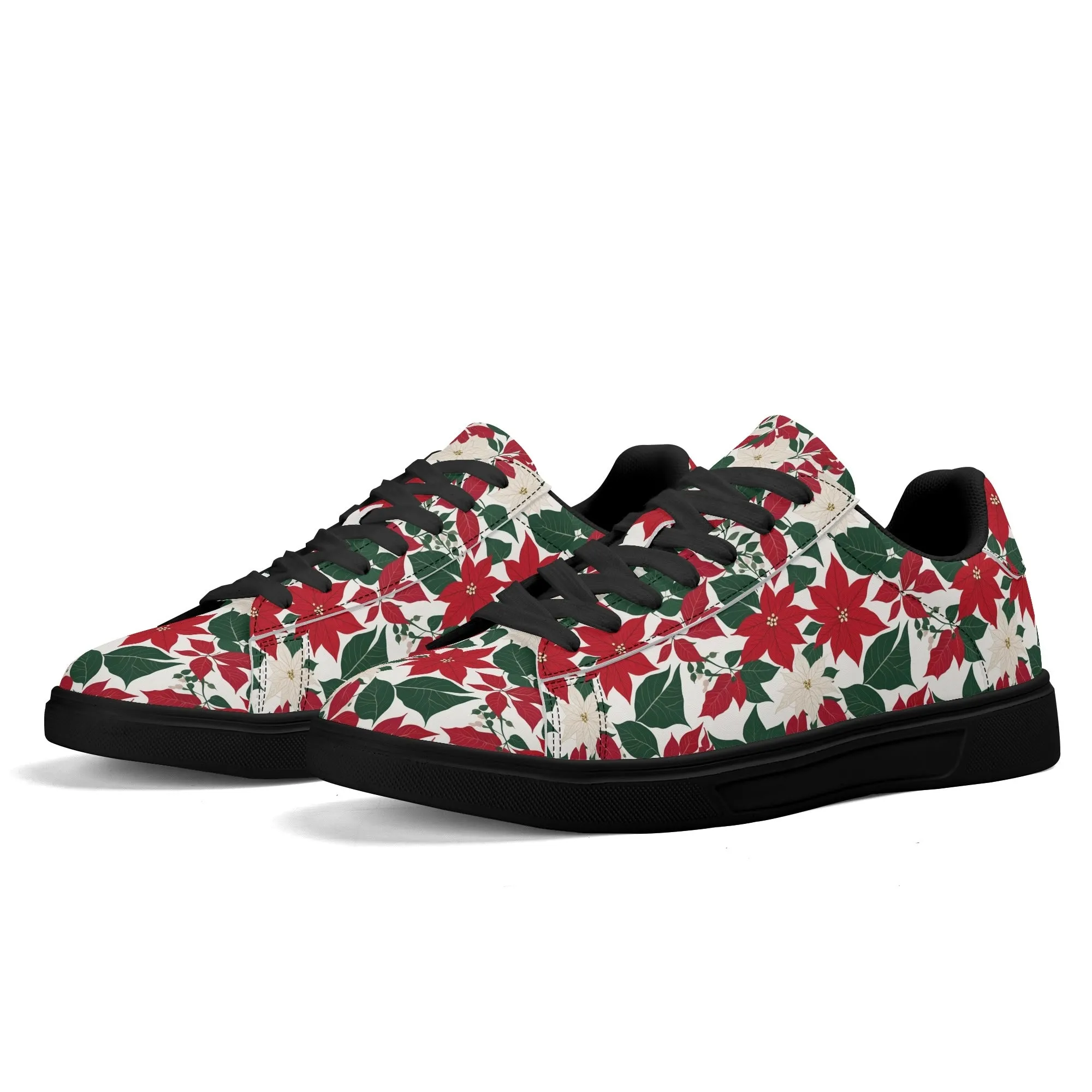 Red and White Poinsettia Flower Adult Lightweight Brand Low Top Leather Shoes