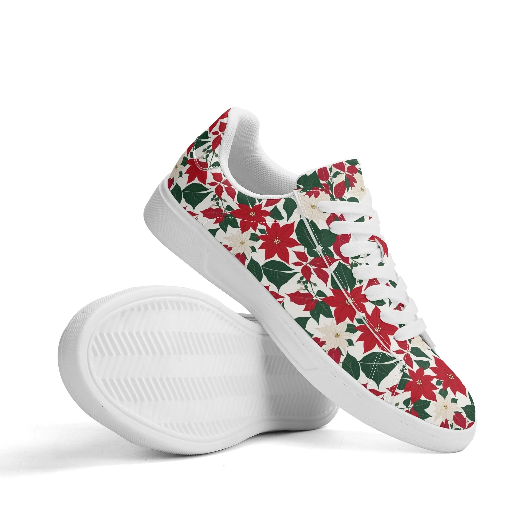 Red and White Poinsettia Flower Adult Lightweight Brand Low Top Leather Shoes