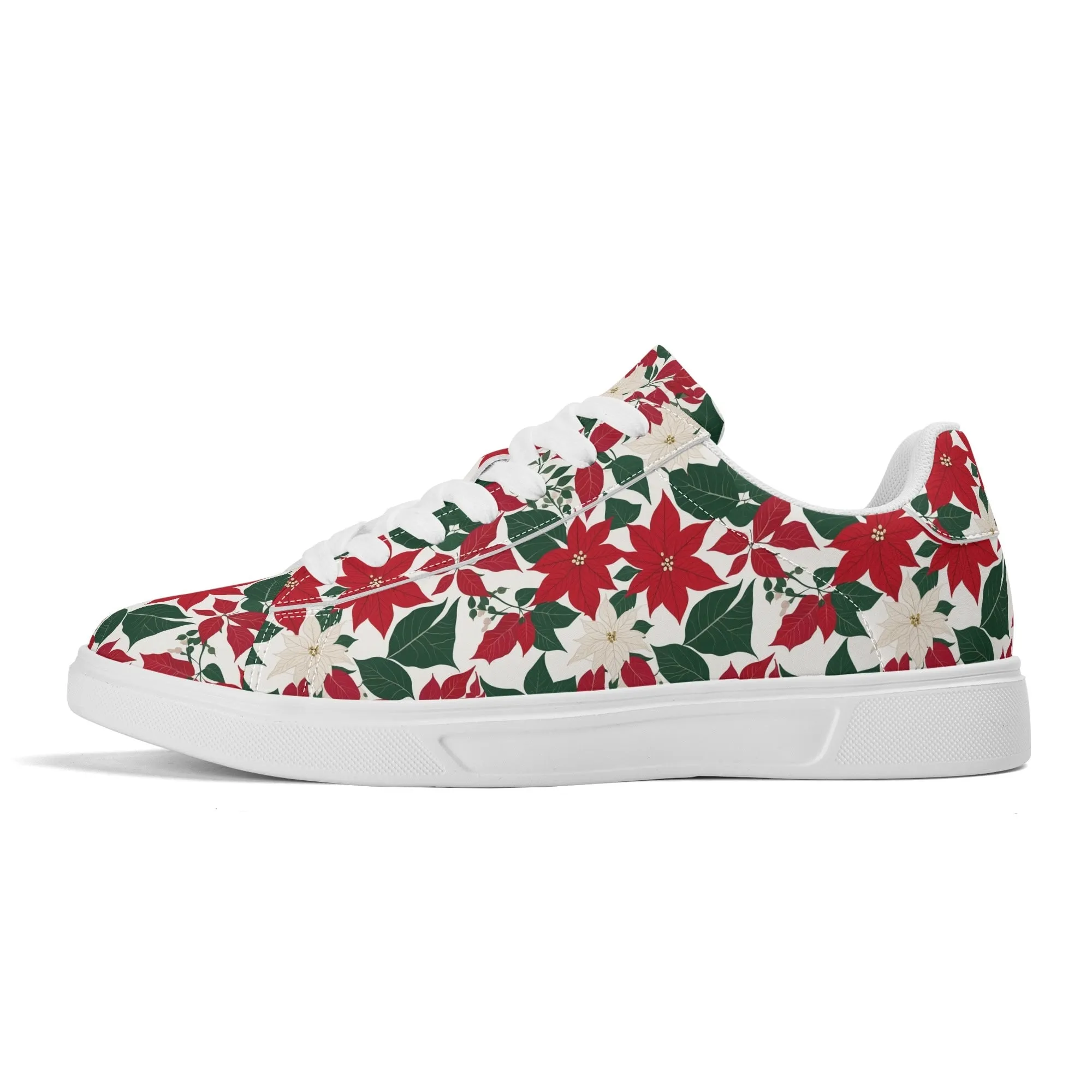 Red and White Poinsettia Flower Adult Lightweight Brand Low Top Leather Shoes