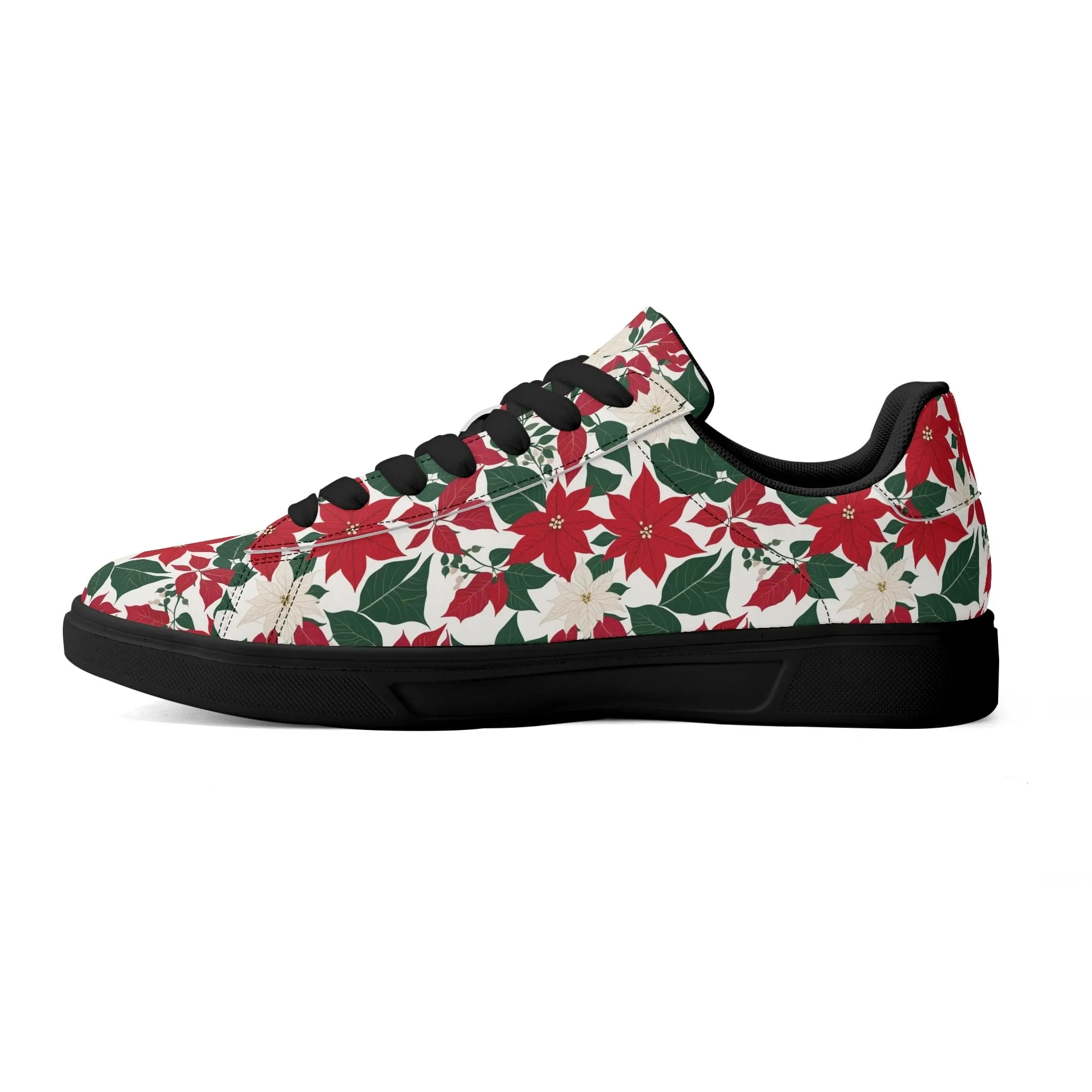 Red and White Poinsettia Flower Adult Lightweight Brand Low Top Leather Shoes