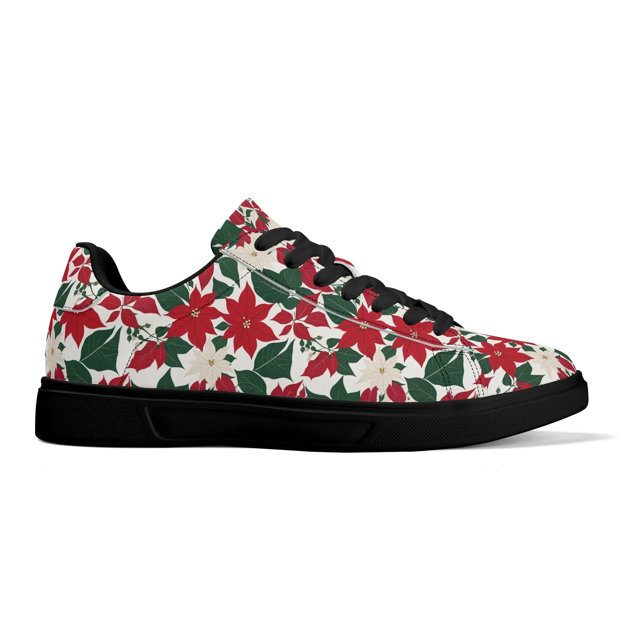 Red and White Poinsettia Flower Adult Lightweight Brand Low Top Leather Shoes