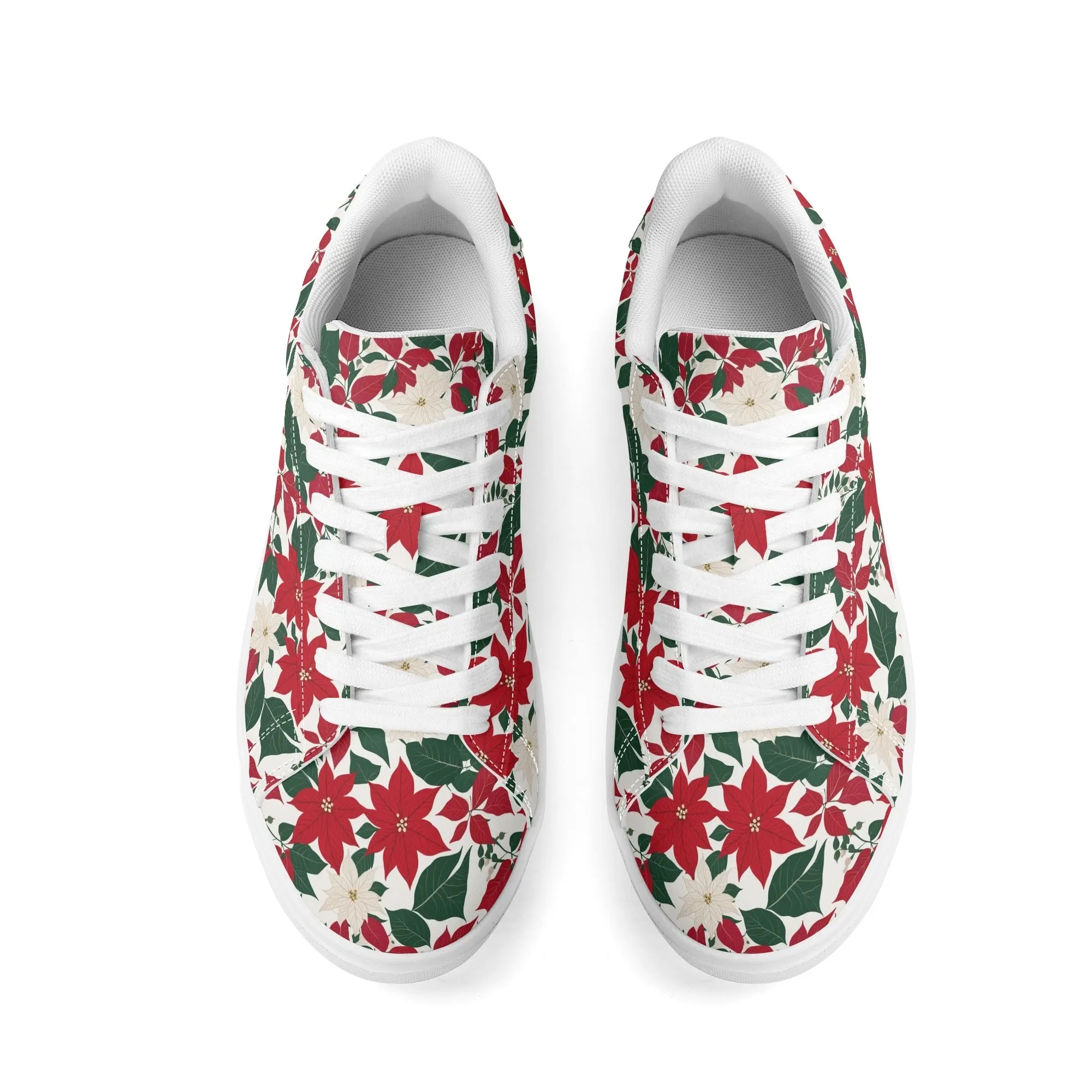 Red and White Poinsettia Flower Adult Lightweight Brand Low Top Leather Shoes