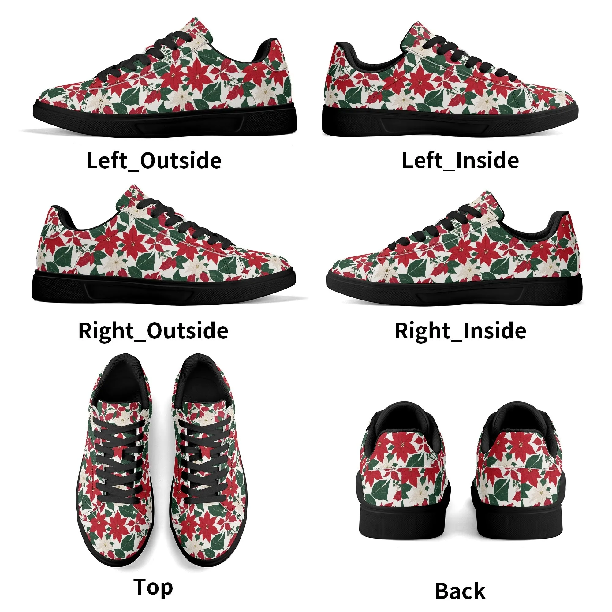 Red and White Poinsettia Flower Adult Lightweight Brand Low Top Leather Shoes