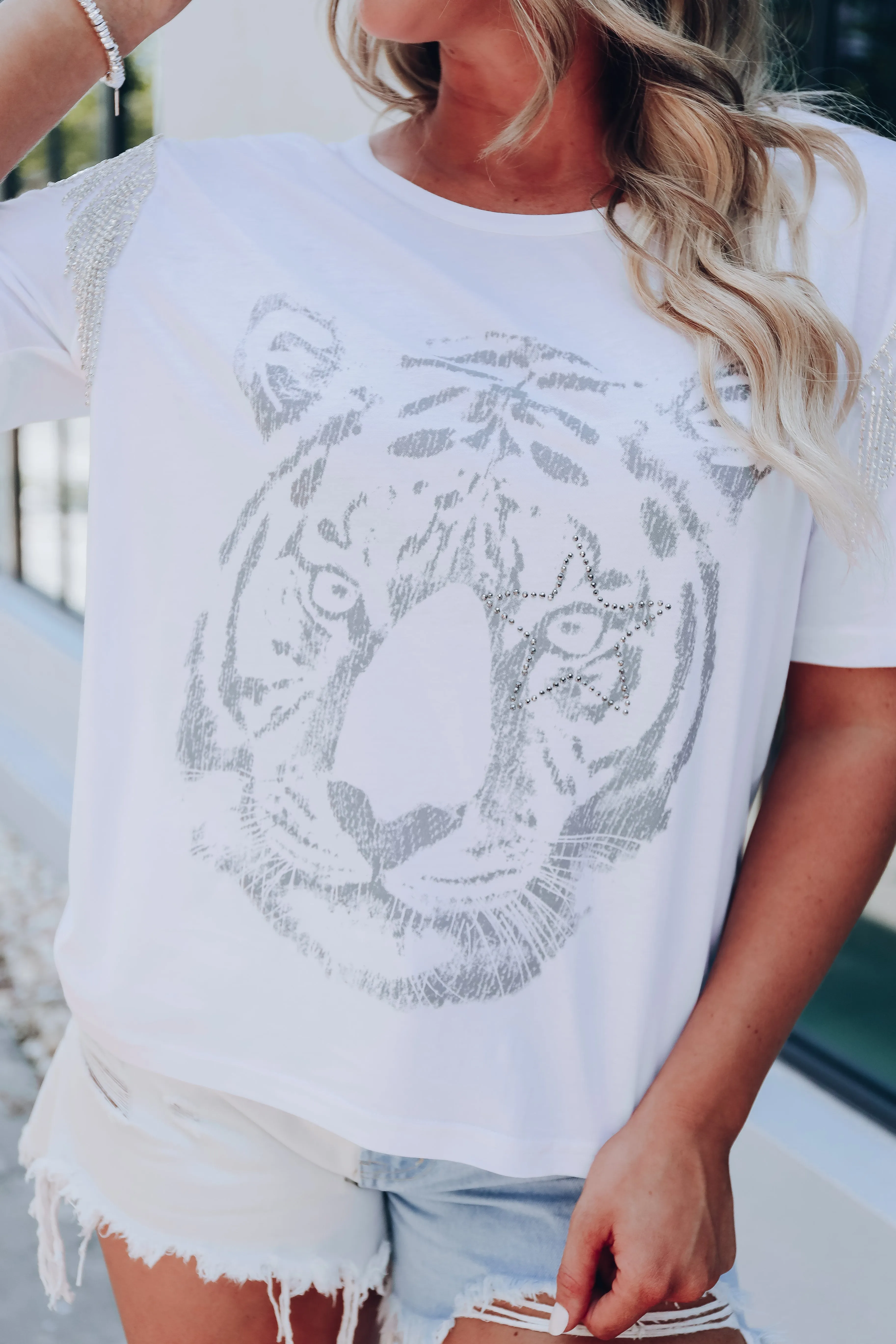 Rhinestone Fringe Tiger Graphic Tee - White