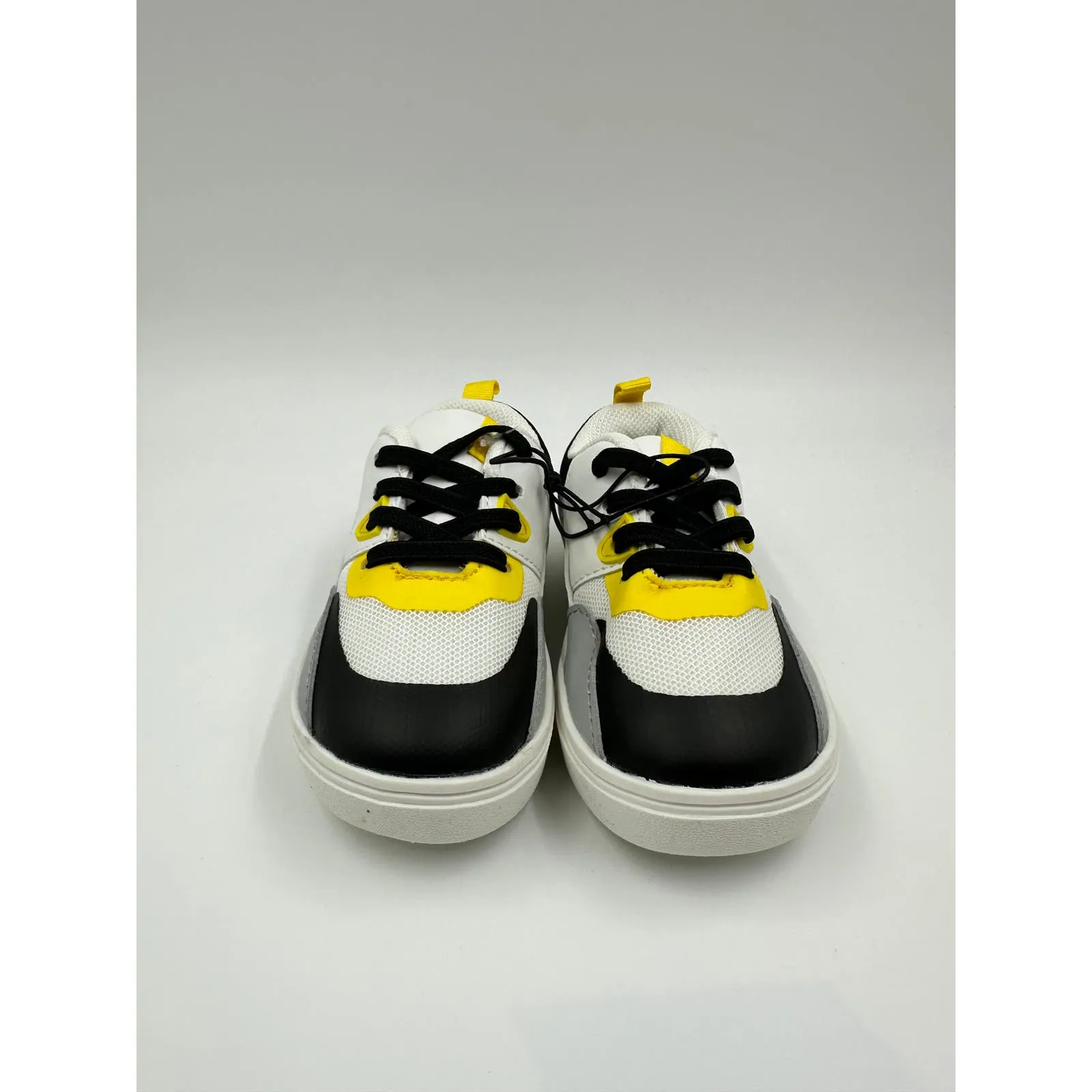 Small Kid Size 7, White Fashion Sneaker with Black, Gray & Yellow Accents