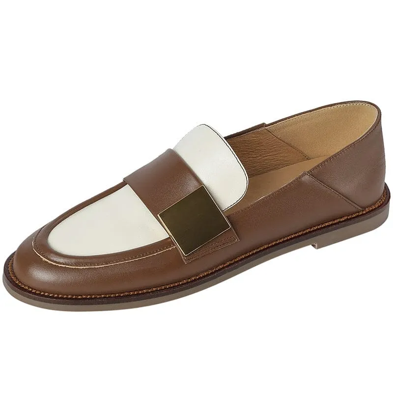 Soft Leather Loafers for Women with Metal Color Blocking