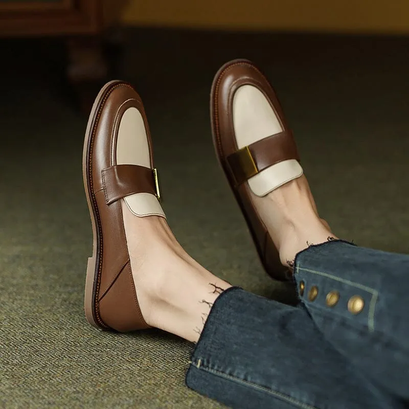 Soft Leather Loafers for Women with Metal Color Blocking