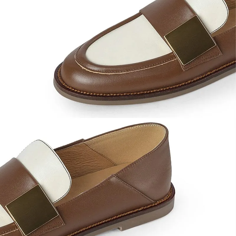 Soft Leather Loafers for Women with Metal Color Blocking