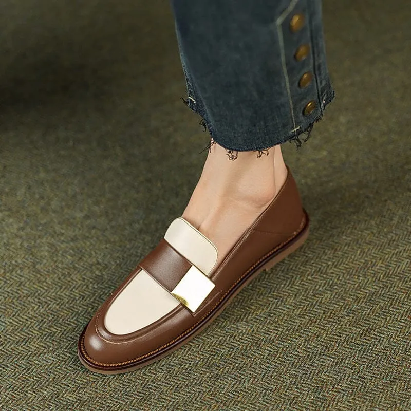 Soft Leather Loafers for Women with Metal Color Blocking