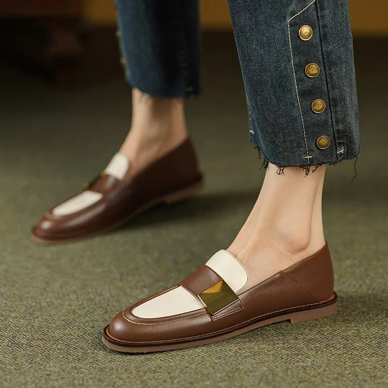 Soft Leather Loafers for Women with Metal Color Blocking