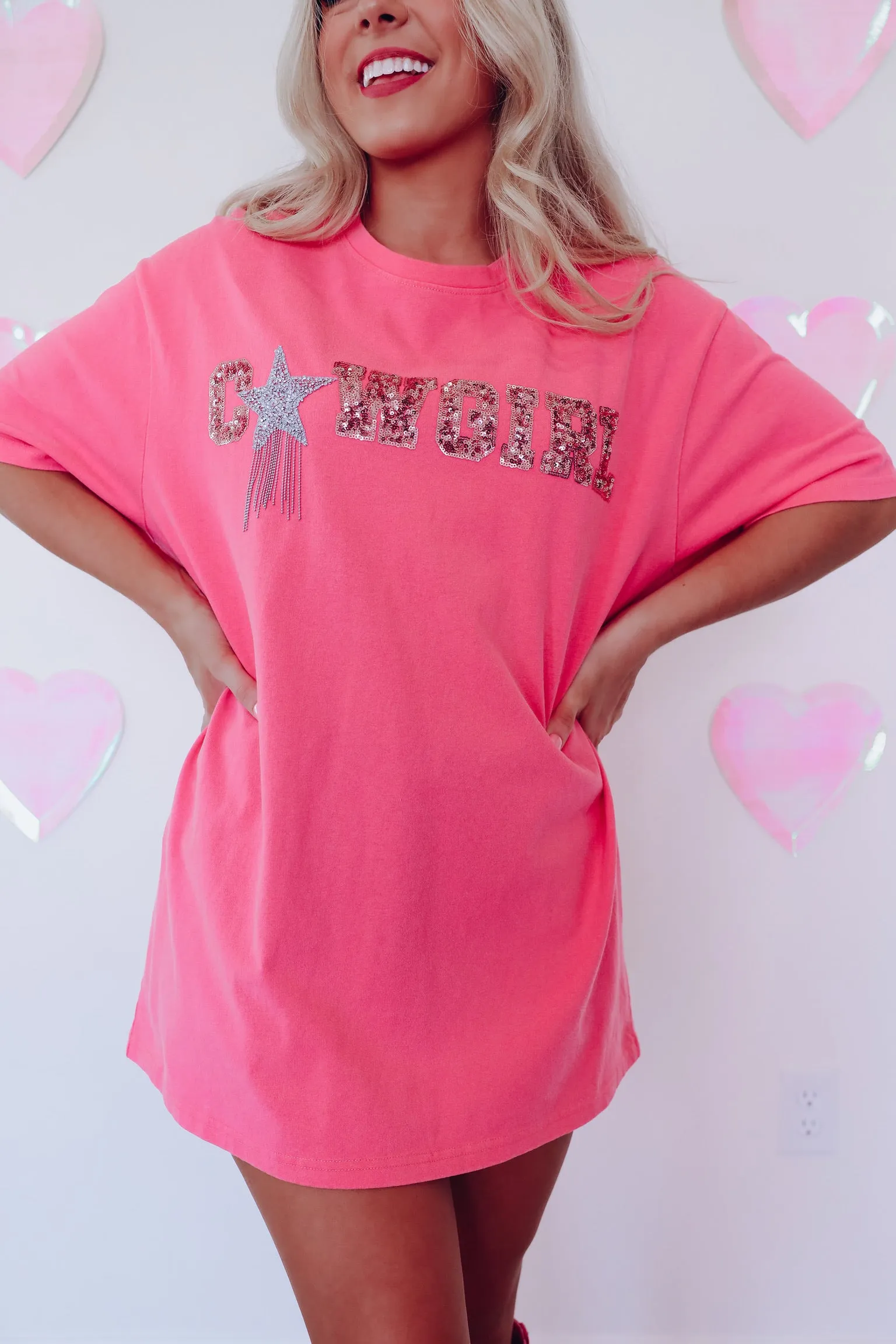 Star Cowgirl Sequin Patch Graphic Tee - Pink