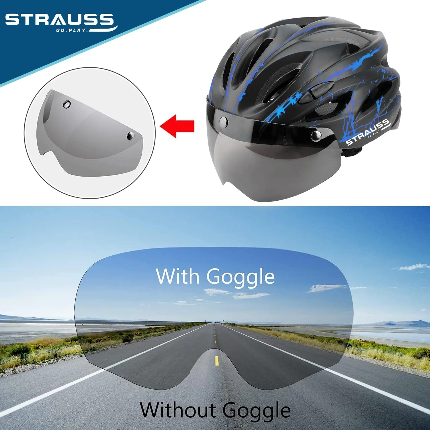 Strauss Cycling Helmet with Magnetic Goggles | Light Weight with Superior Ventilation | Mountain, Road Bike & Skating Helmet | Adjustable Strap | Ideal for Men and Women, (Blue/Black)