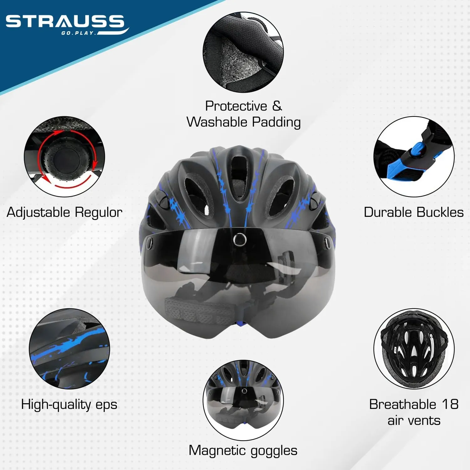 Strauss Cycling Helmet with Magnetic Goggles | Light Weight with Superior Ventilation | Mountain, Road Bike & Skating Helmet | Adjustable Strap | Ideal for Men and Women, (Blue/Black)