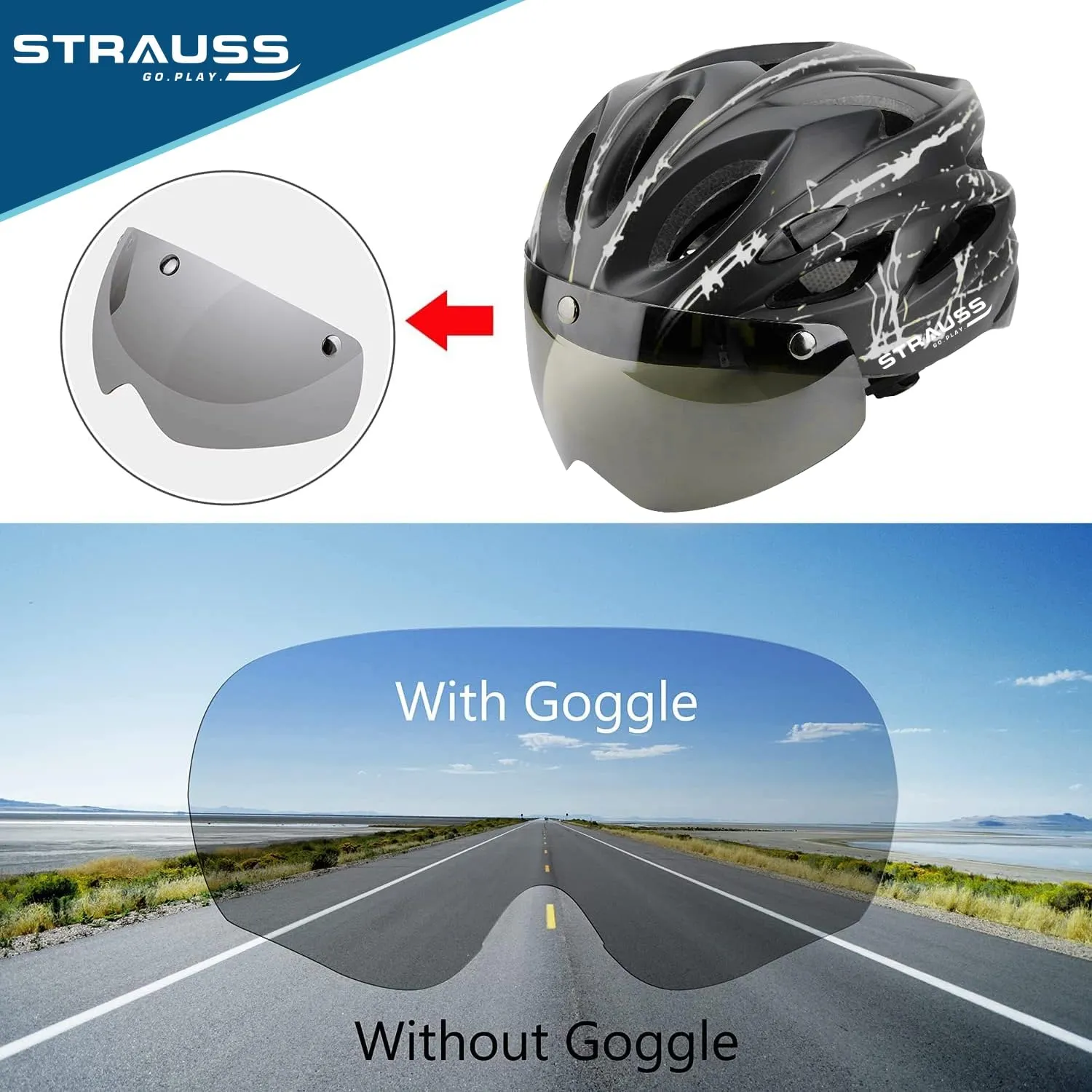 Strauss Cycling Helmet with Magnetic Goggles | Light Weight with Superior Ventilation | Mountain, Road Bike & Skating Helmet | Adjustable Strap | Ideal for Men and Women, (White/Black)