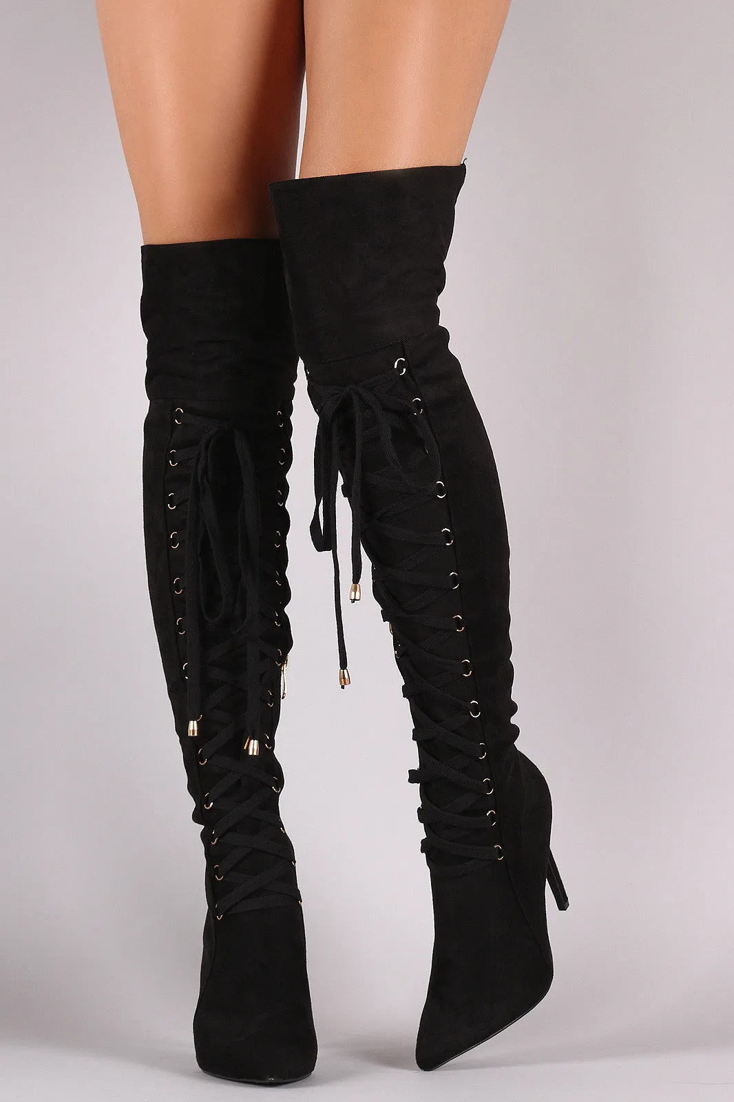 Suede Pointy Toe Lace Up Stiletto Over-The-Knee Boots