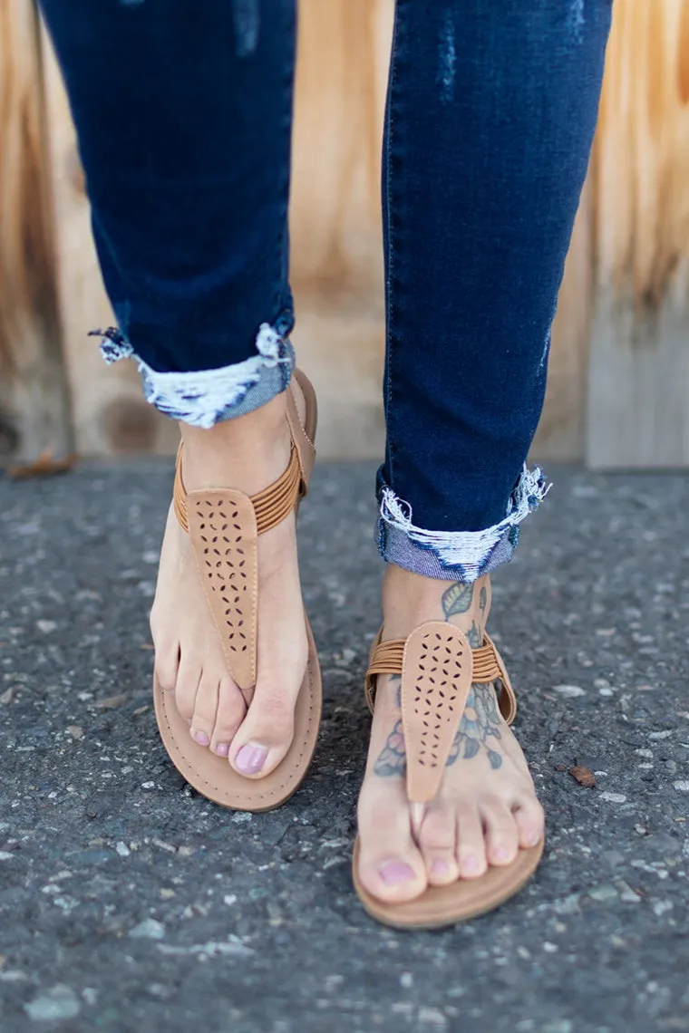 Tan Laser Cut Thong Sandals (5.5-10)