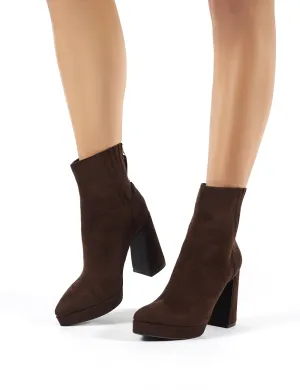 Tegan Brown Faux Suede Flare Heeled Ankle Boots