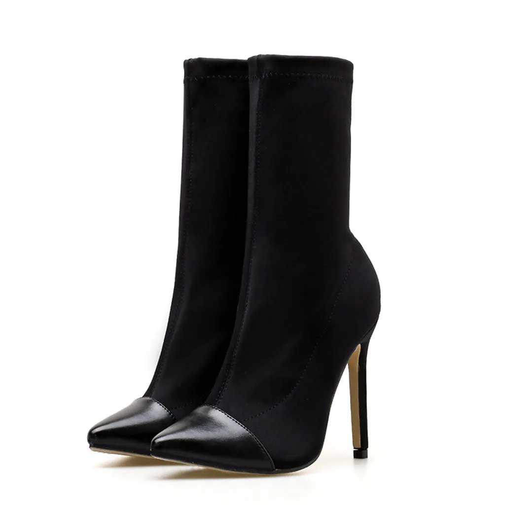 Trendy Solid Color Pointed Toe High Heeled Ankle Boots - Black