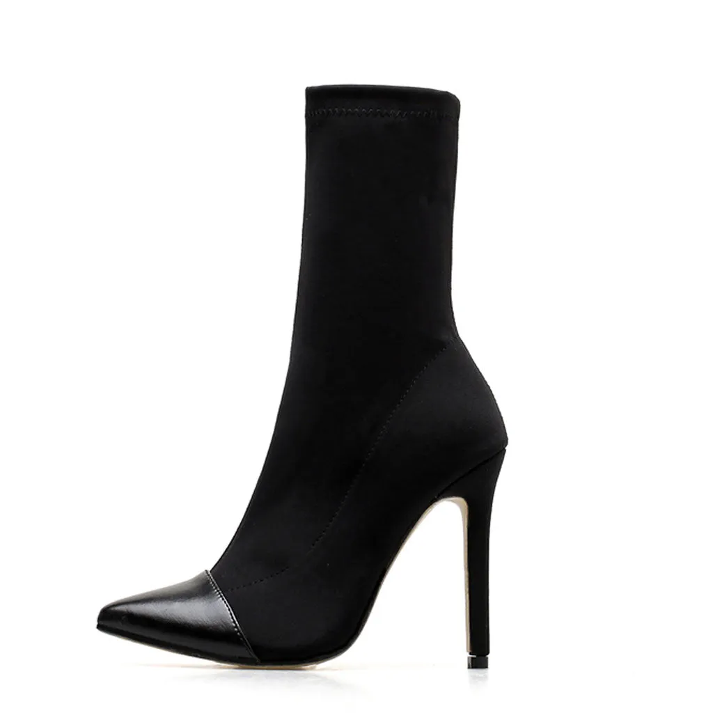 Trendy Solid Color Pointed Toe High Heeled Ankle Boots - Black