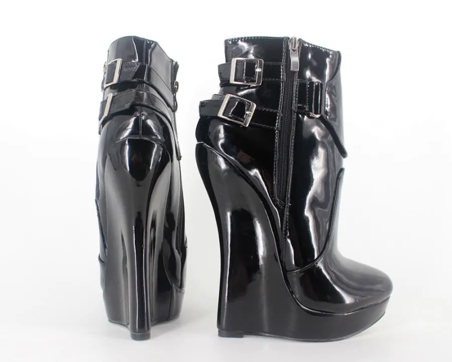 Unisex Black Patent Multi Buckle Platform Ankle Boots for Bold Style