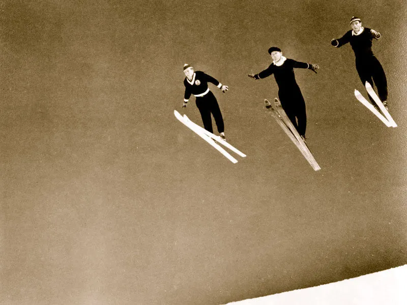 Vintage Ski Photo - Three Skiers Jumping