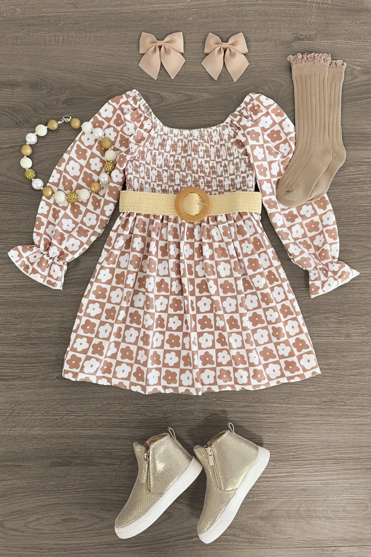 White & Brown Flower Checkered Dress