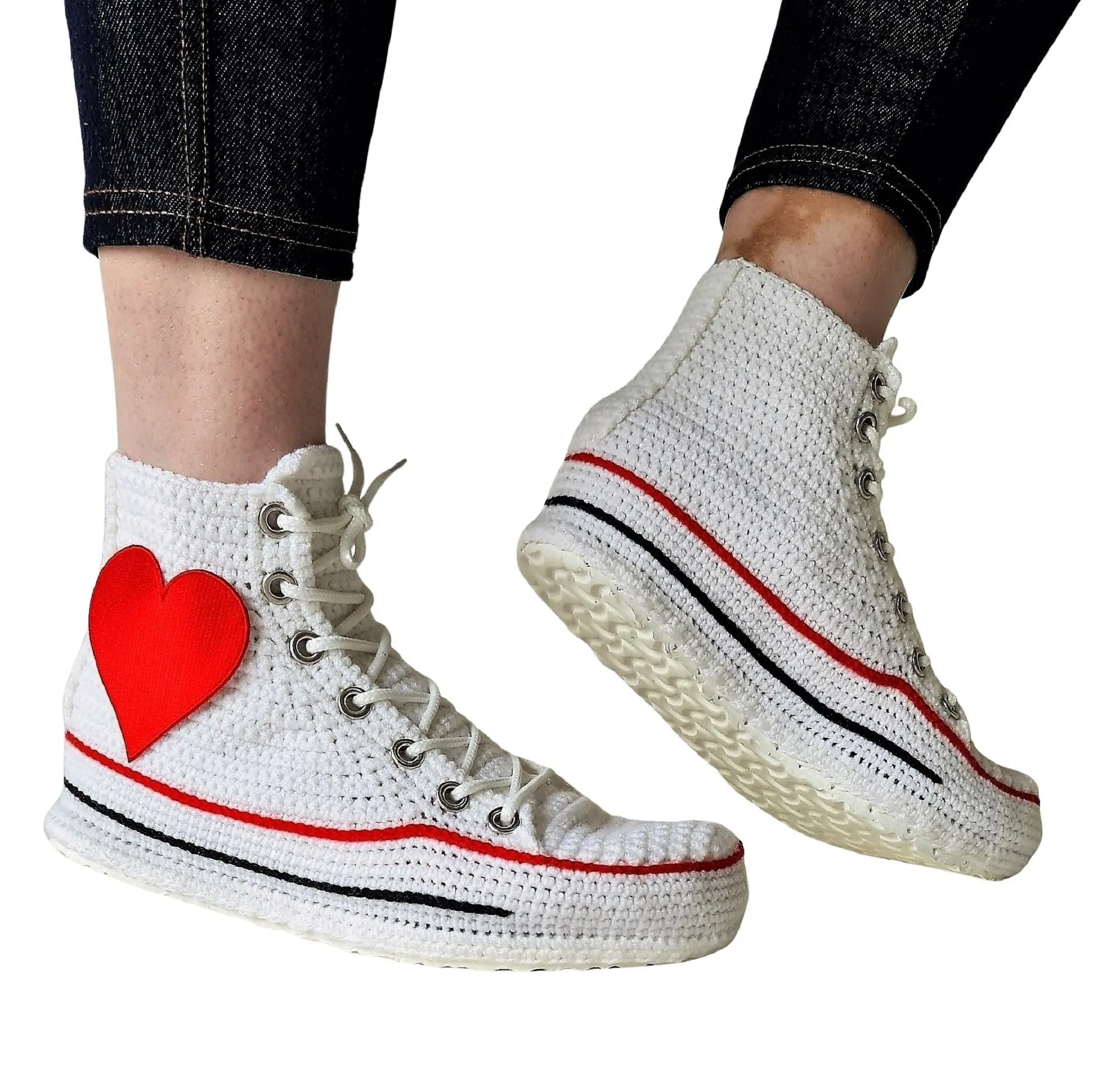 White Converse Embroidery Love Heart Patch High Tops Platform Sneakers Slippers Plush Shoes