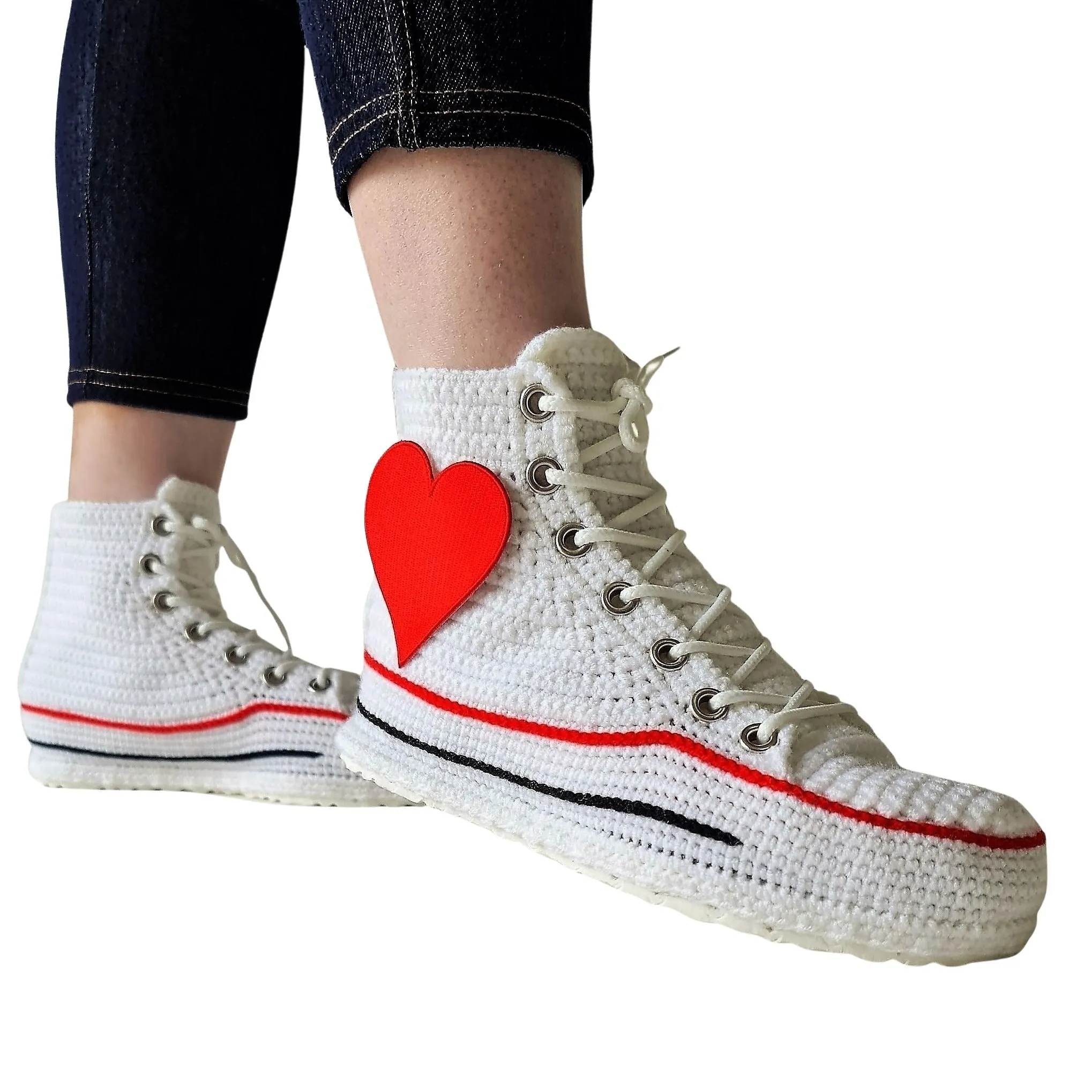 White Converse Embroidery Love Heart Patch High Tops Platform Sneakers Slippers Plush Shoes