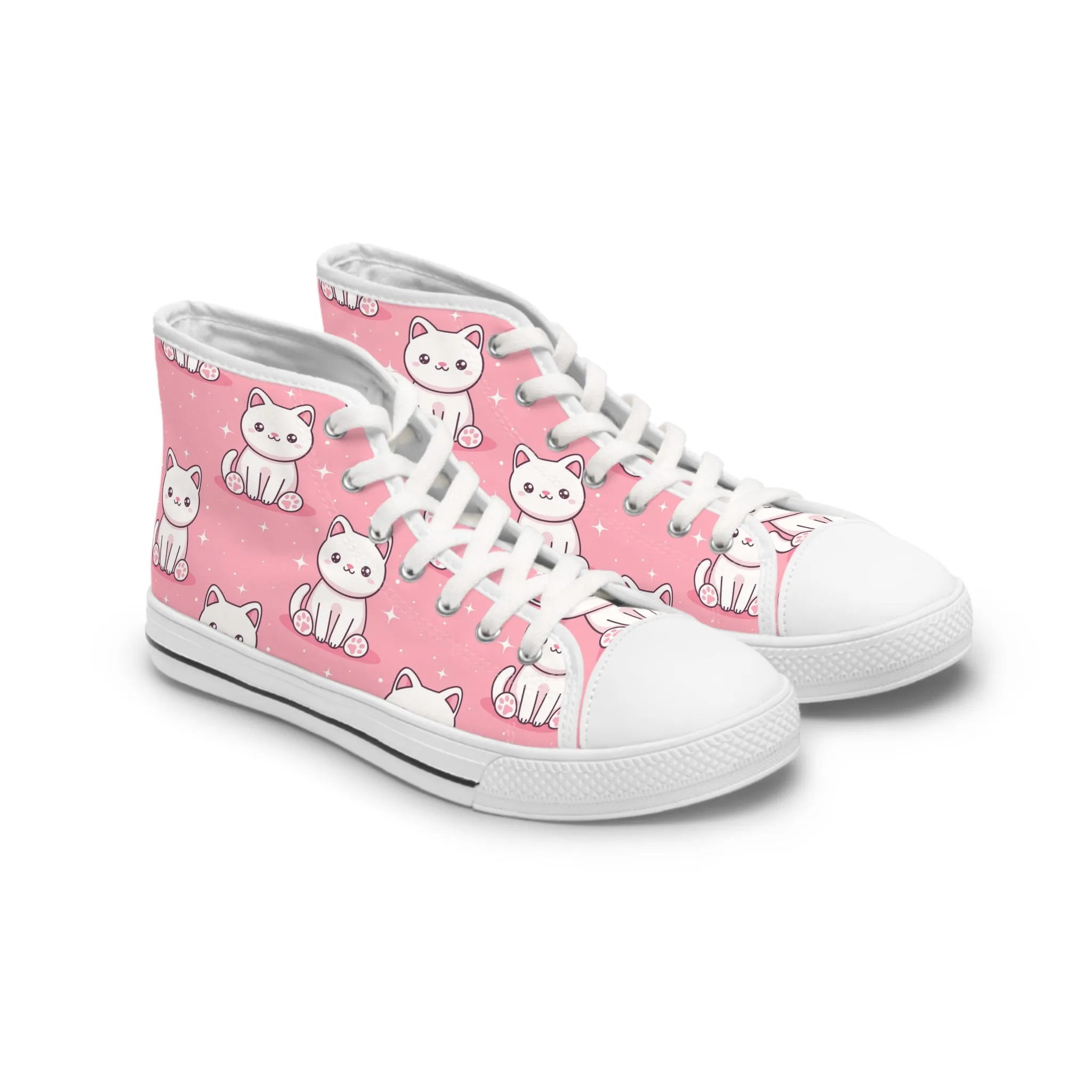 White Kawaii Cats on Pink Background Women's High Top Sneakers