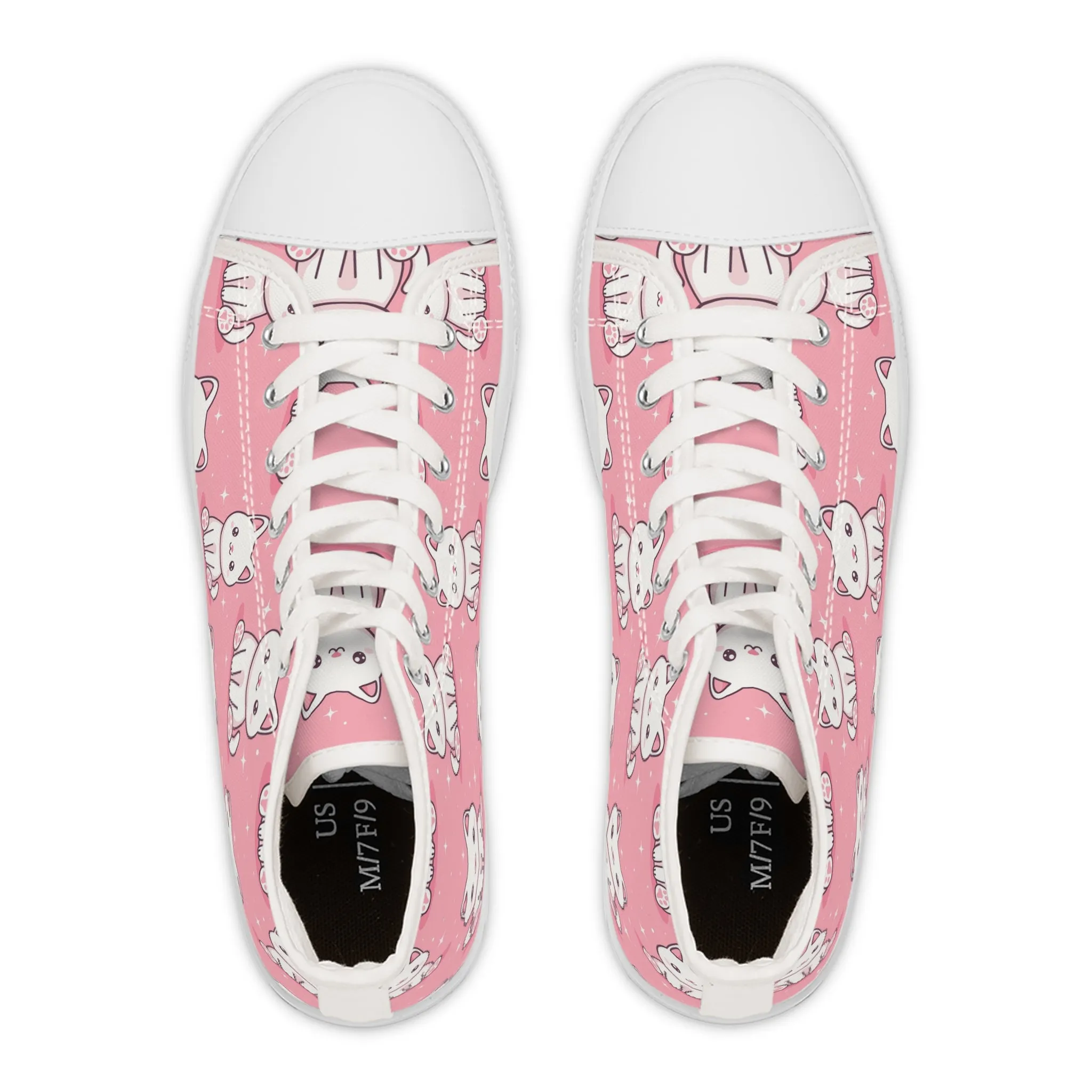 White Kawaii Cats on Pink Background Women's High Top Sneakers