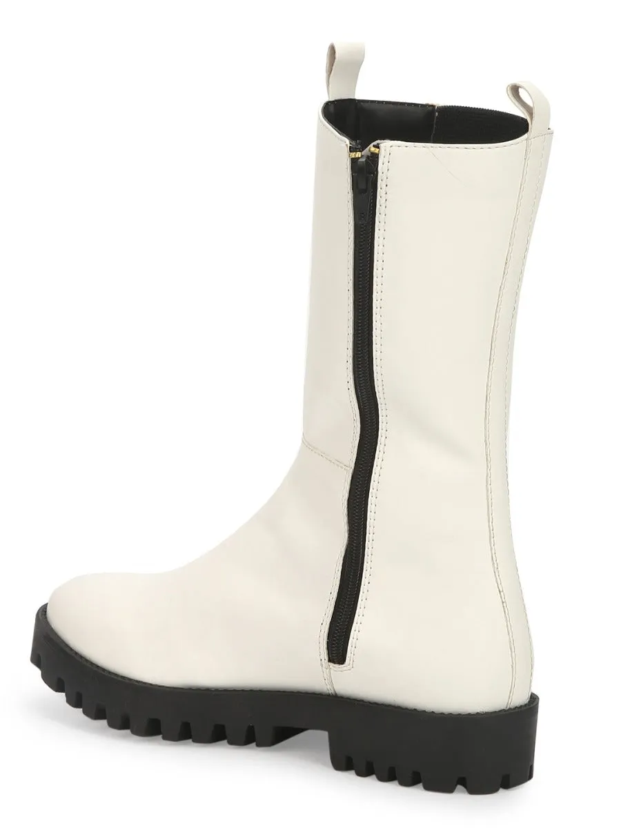 White PU Slide On Calf Length Boots