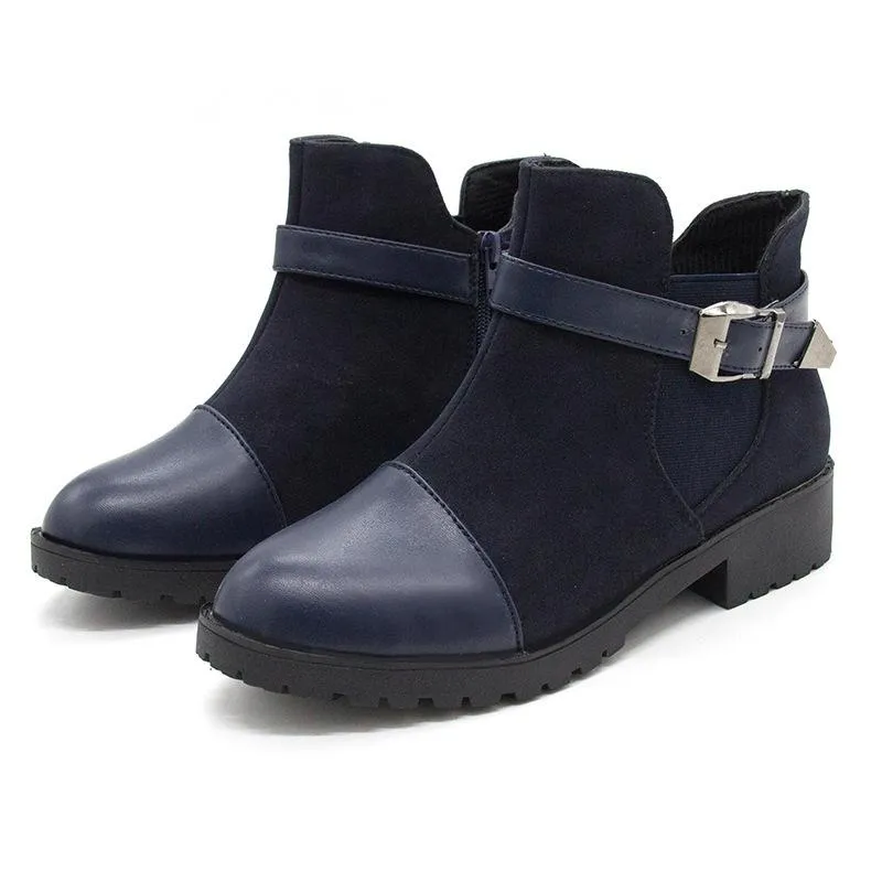 Women color block buckle strap chunky heel ankle boots