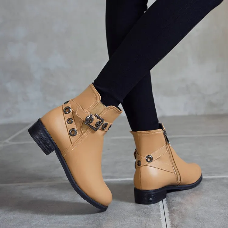 Women's Pu Leather Round Toe Metal Buckle Straps Side Zippers Block Chunky Heel Ankle Boots