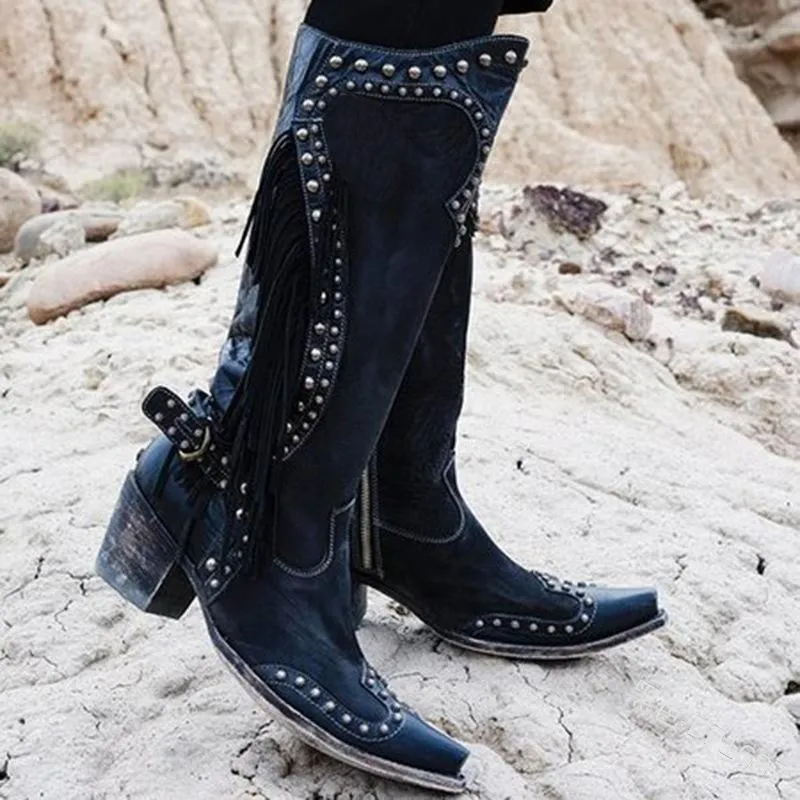 Women's rivets tassels knee high boots vintage studded fringe boots